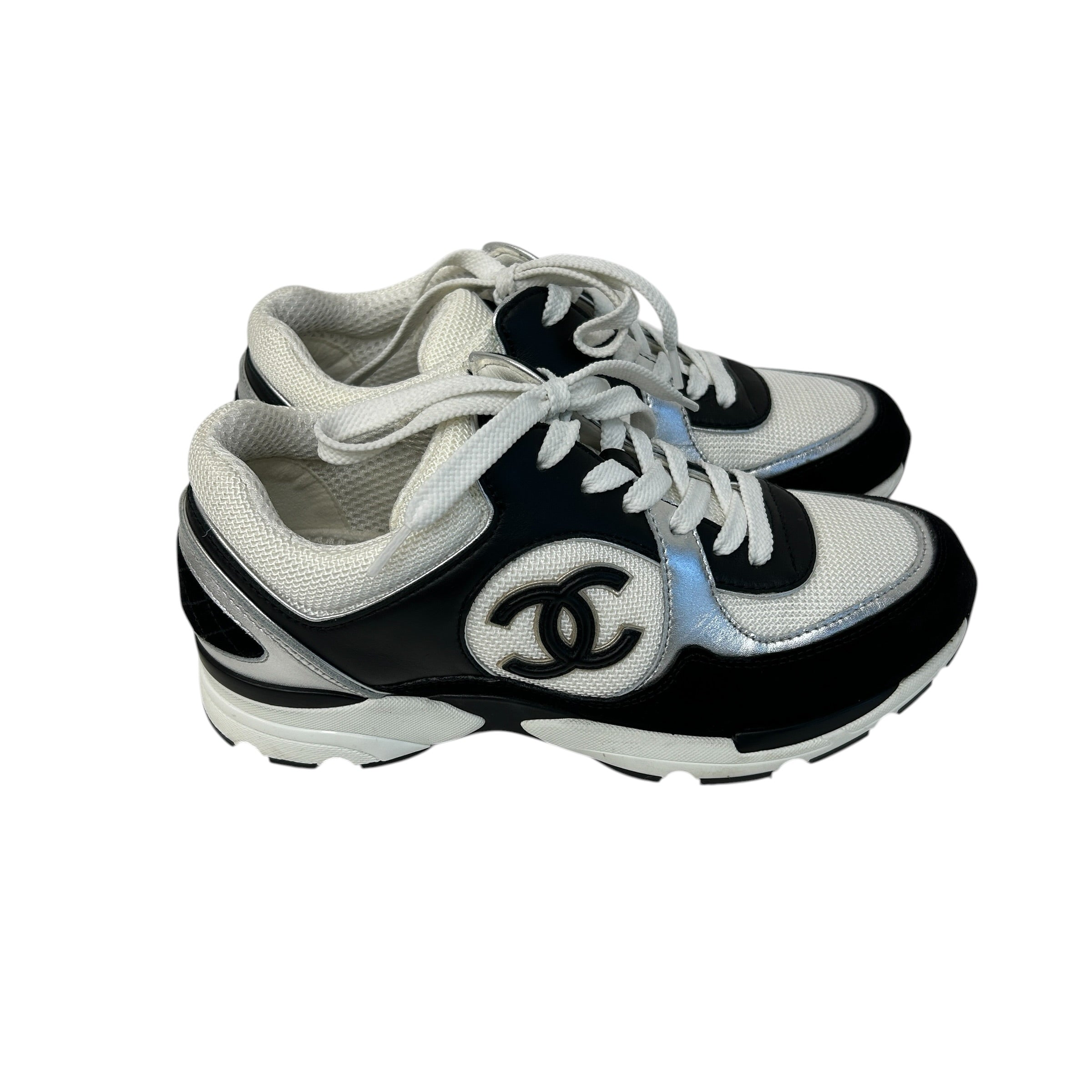 White/Silver/Black Mesh Suede Calfskin CC Sneakers - Haute Classics