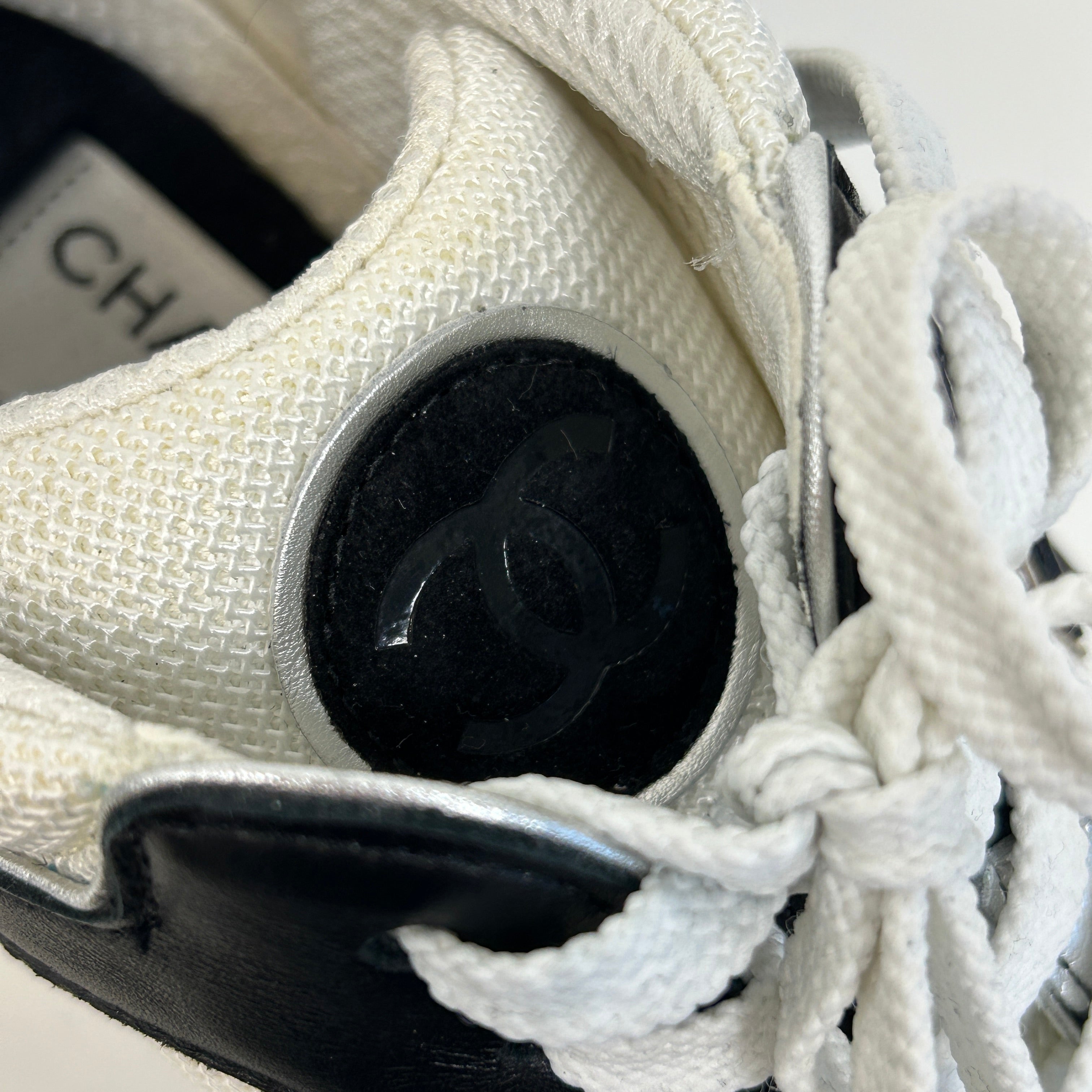 White/Silver/Black Mesh Suede Calfskin CC Sneakers - Haute Classics