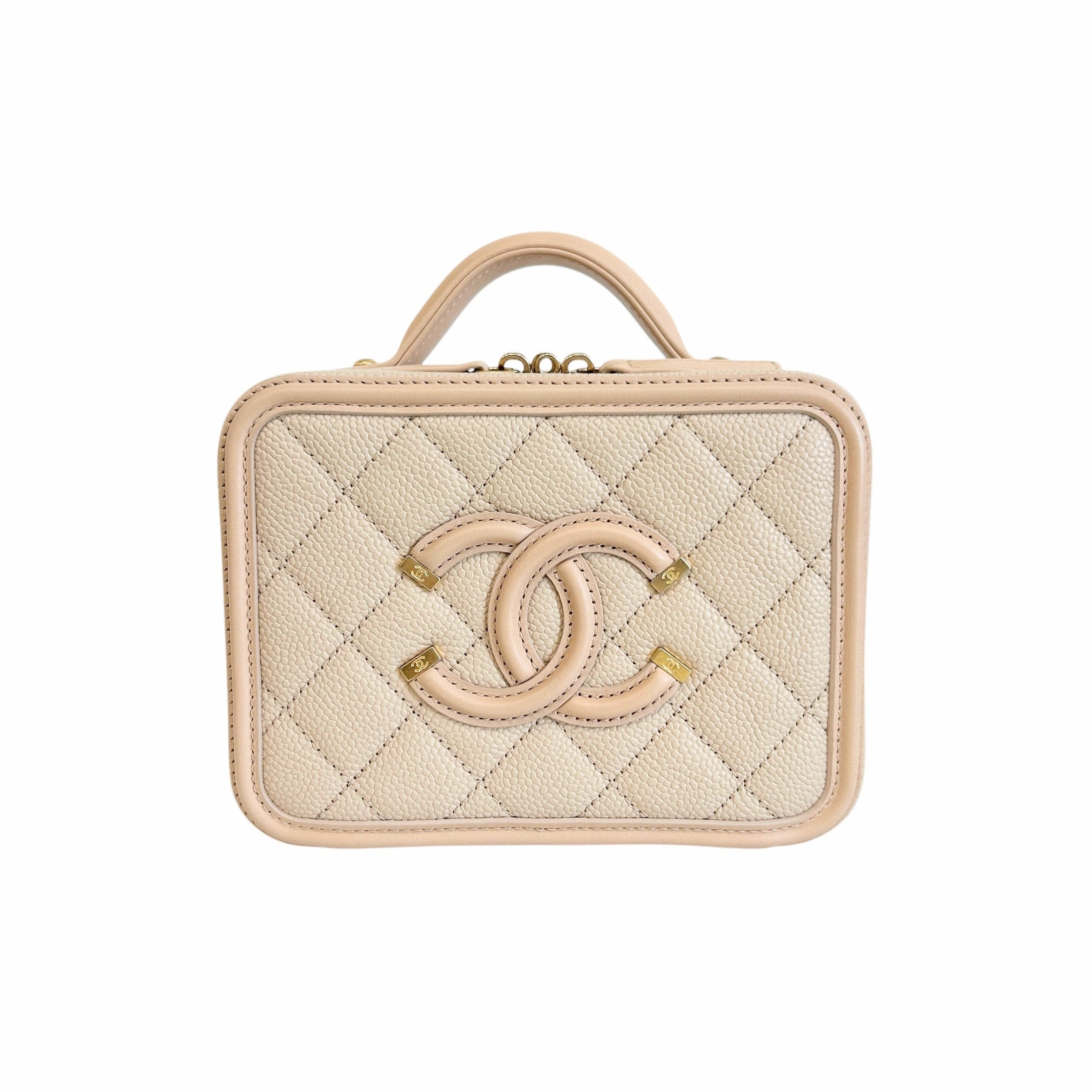 Beige Caviar Quilted Leather Filigree Small Vanity Case Bag