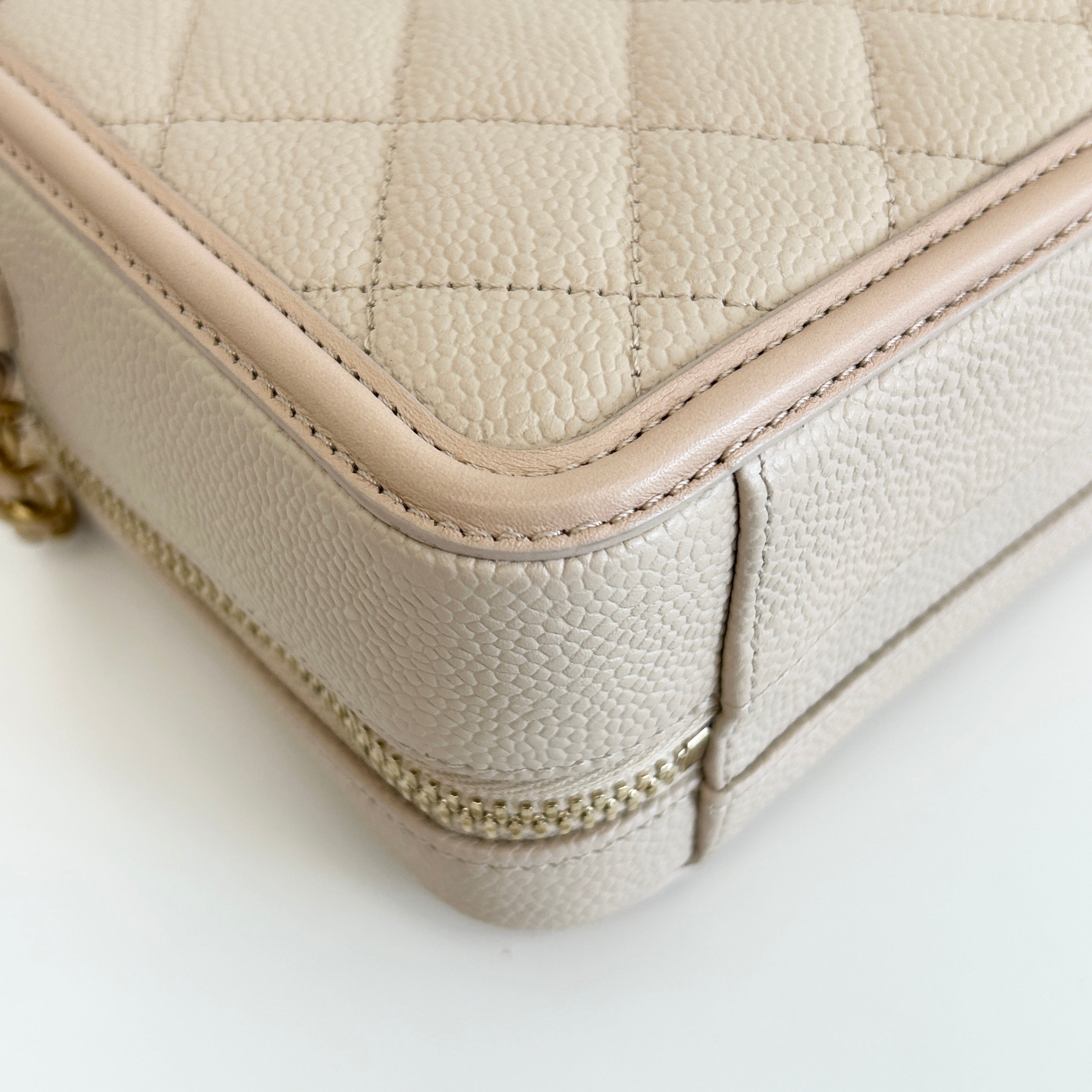 Beige Caviar Quilted Leather Filigree Small Vanity Case Bag - Haute Classics