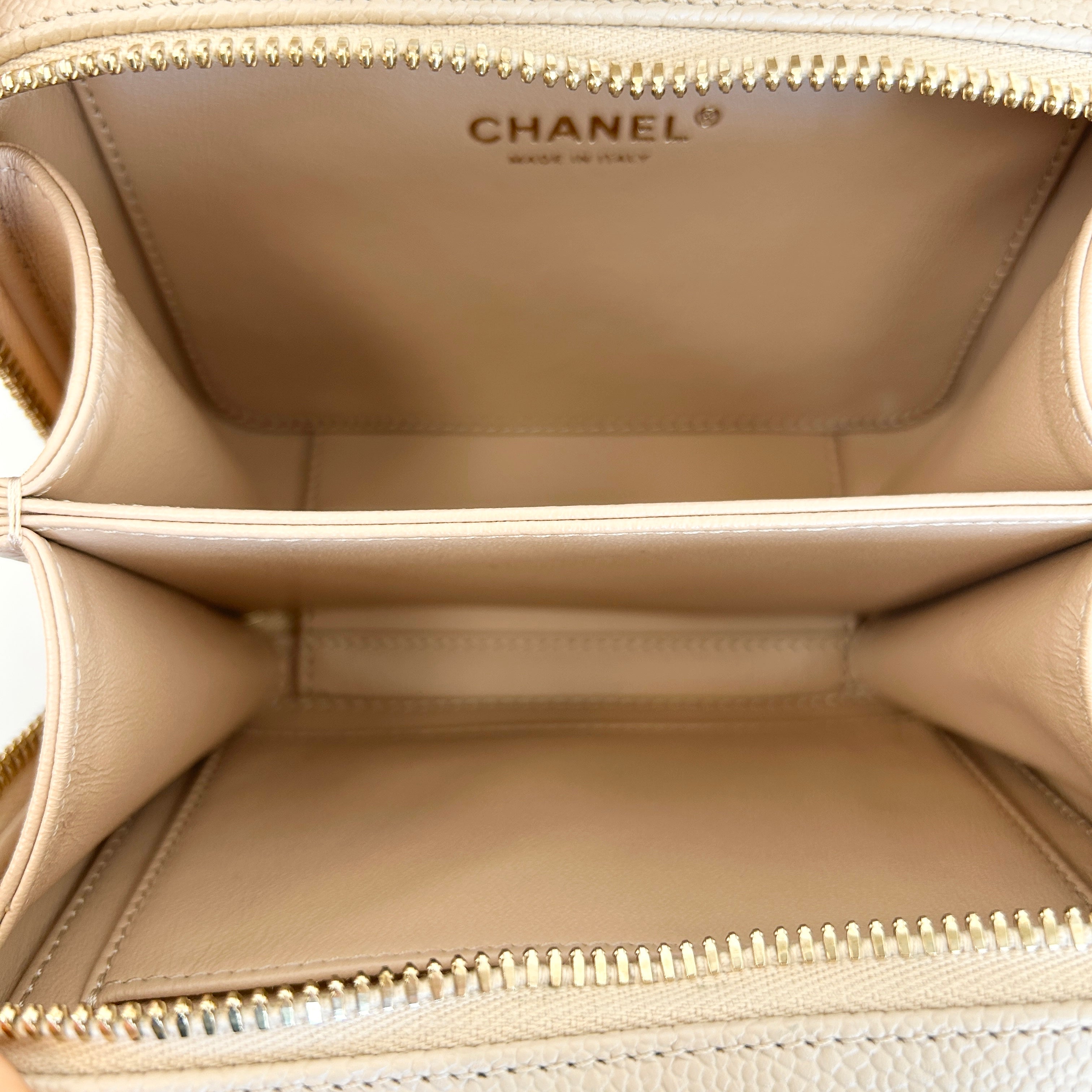 Beige Caviar Quilted Leather Filigree Small Vanity Case Bag - Haute Classics