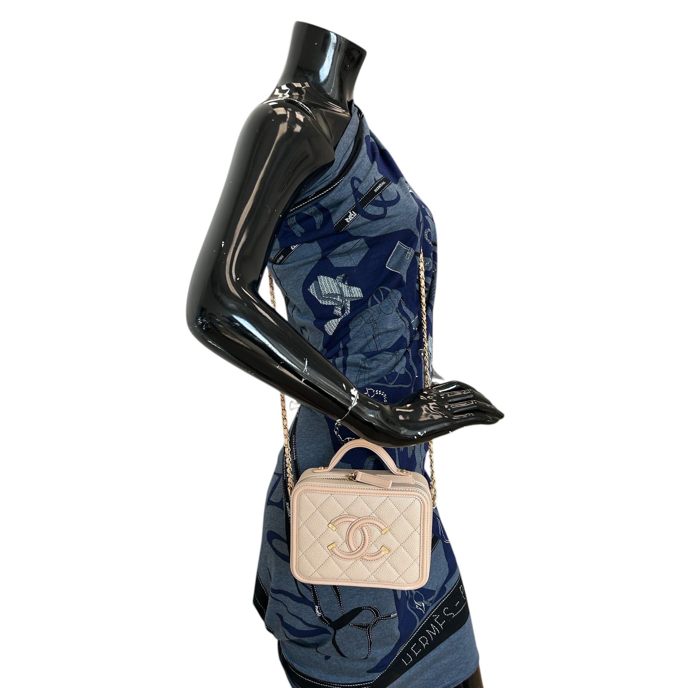 Beige Caviar Quilted Leather Filigree Small Vanity Case Bag - Haute Classics