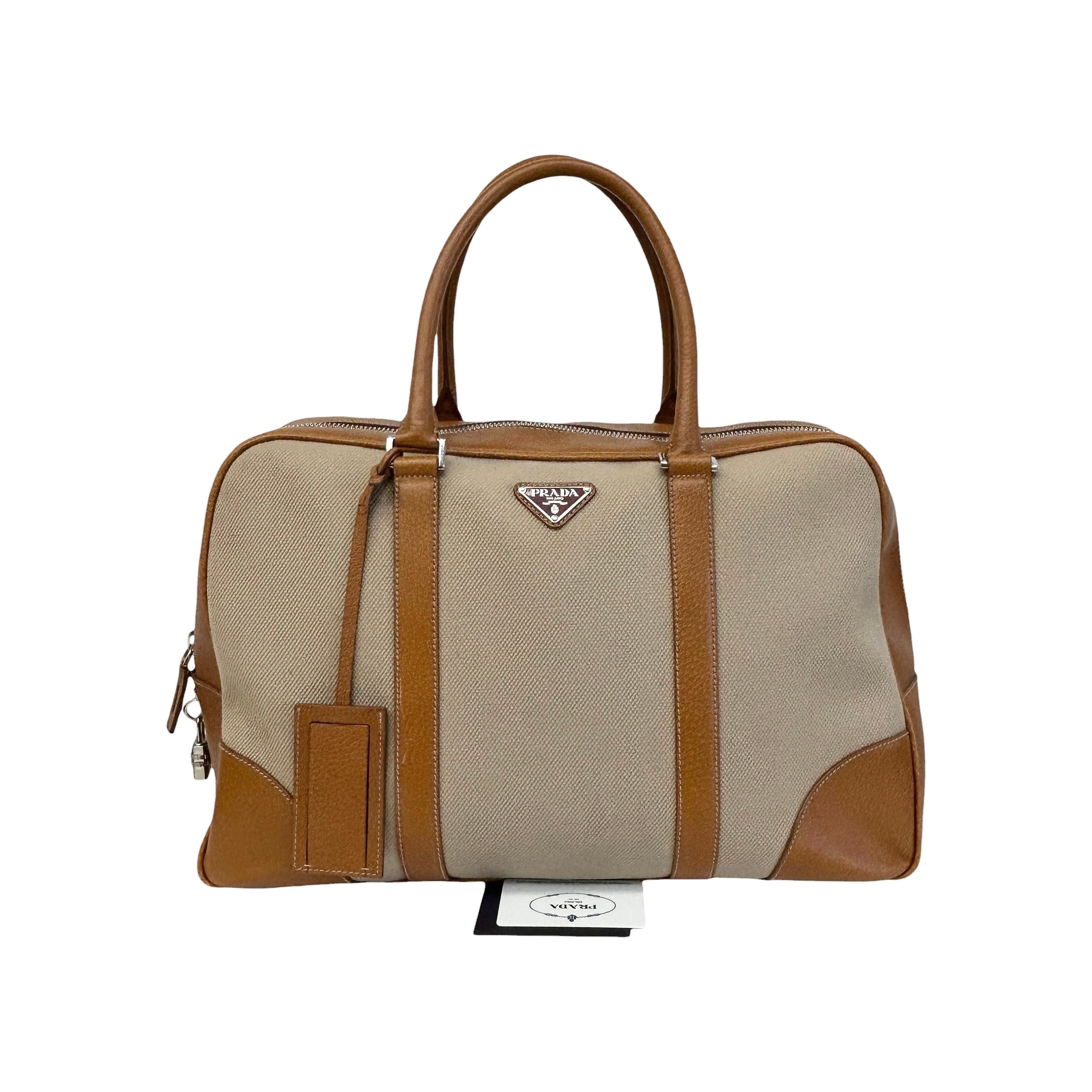 Canvas/Brown Leather Duffle Bag - Haute Classics