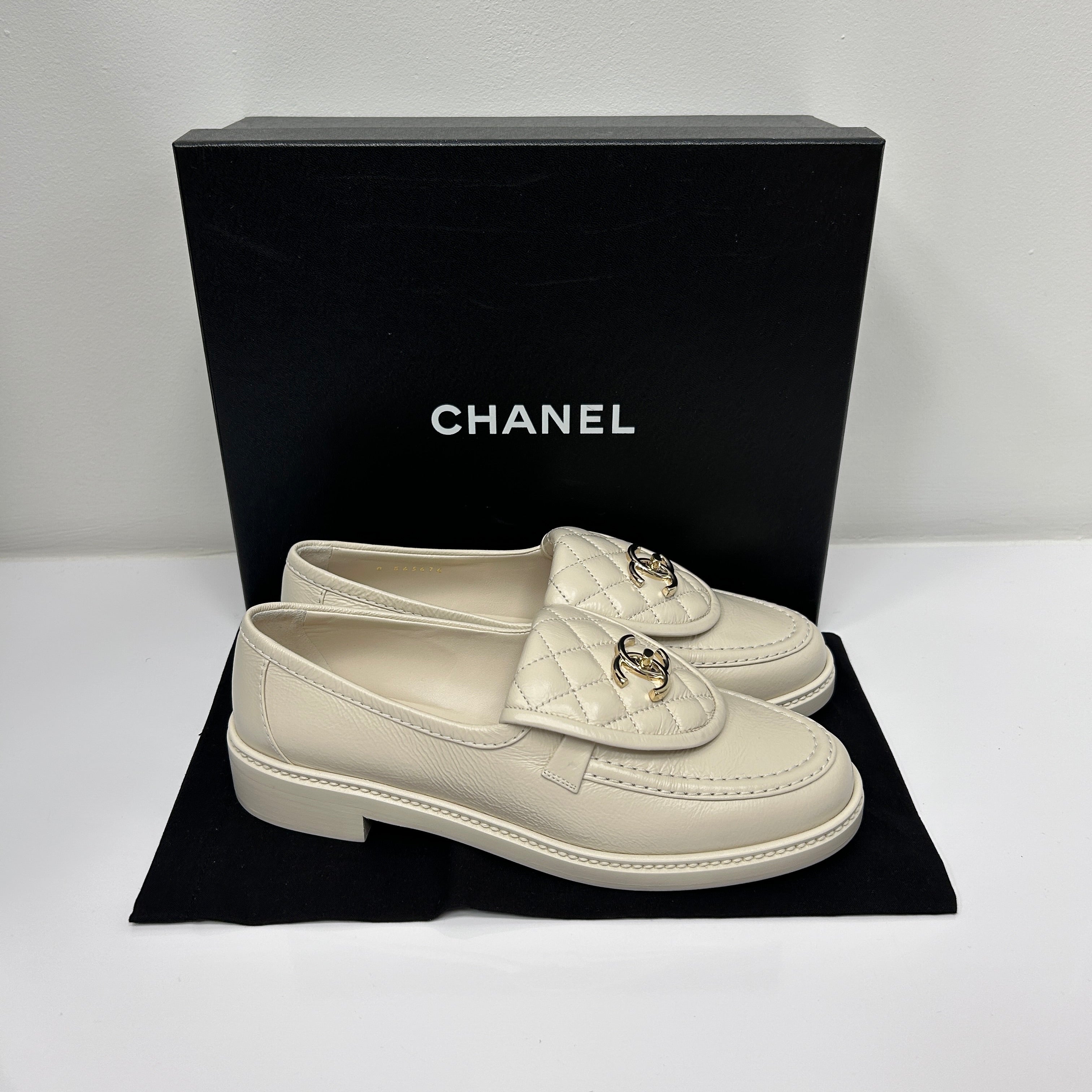 Beige Lamb Quilted Flap Turnlock CC Logo Loafer