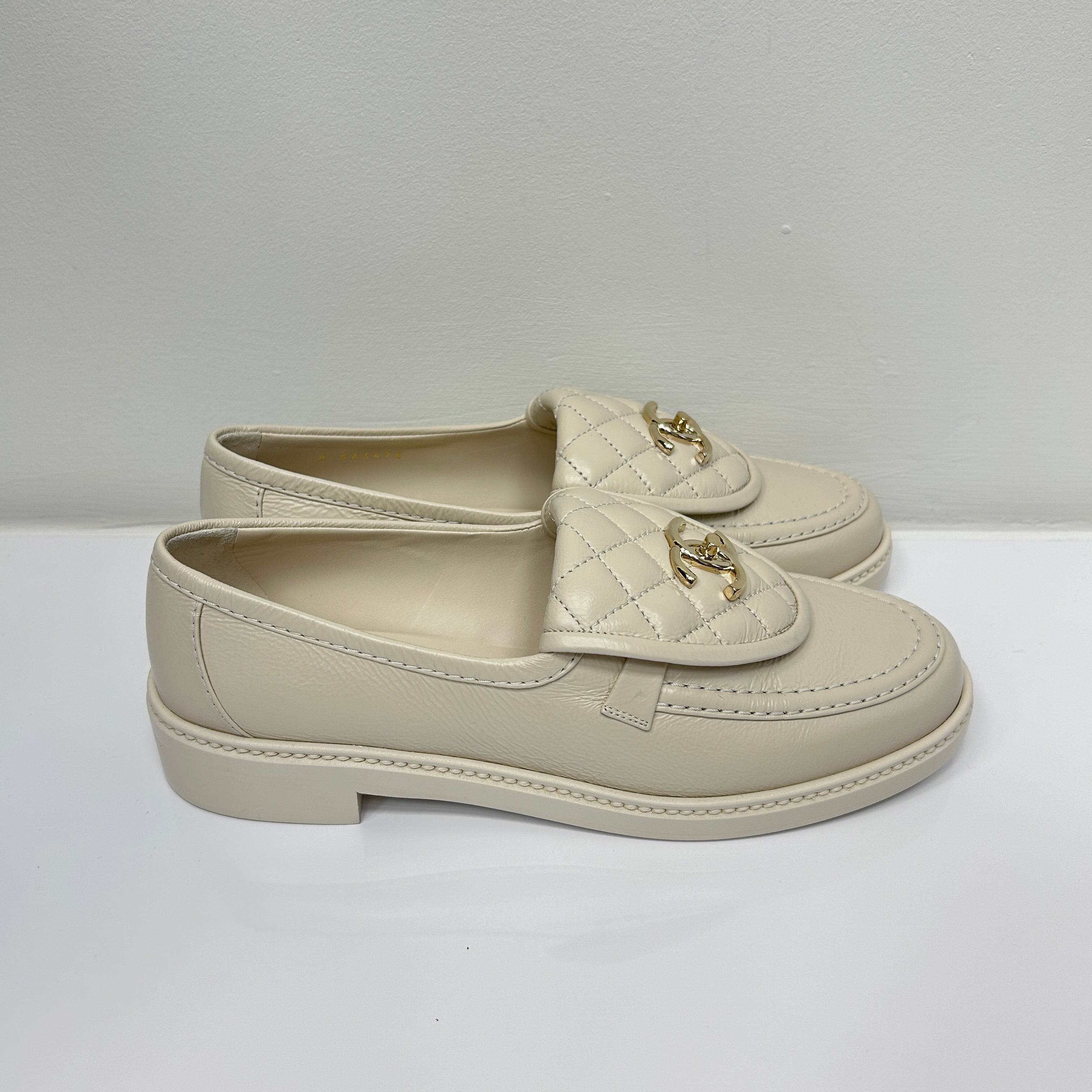 Beige Lamb Quilted Flap Turnlock CC Logo Loafer