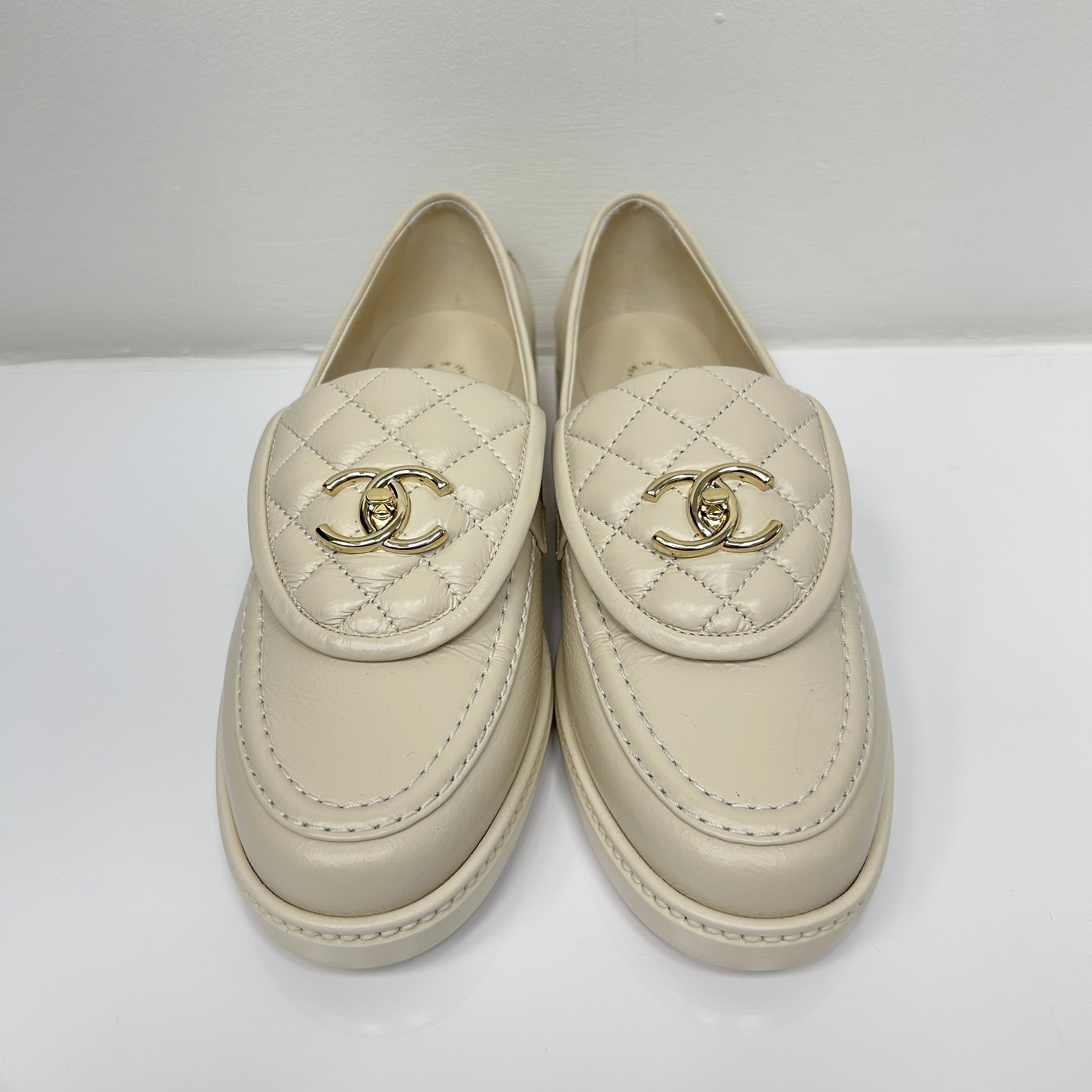 Beige Lamb Quilted Flap Turnlock CC Logo Loafer