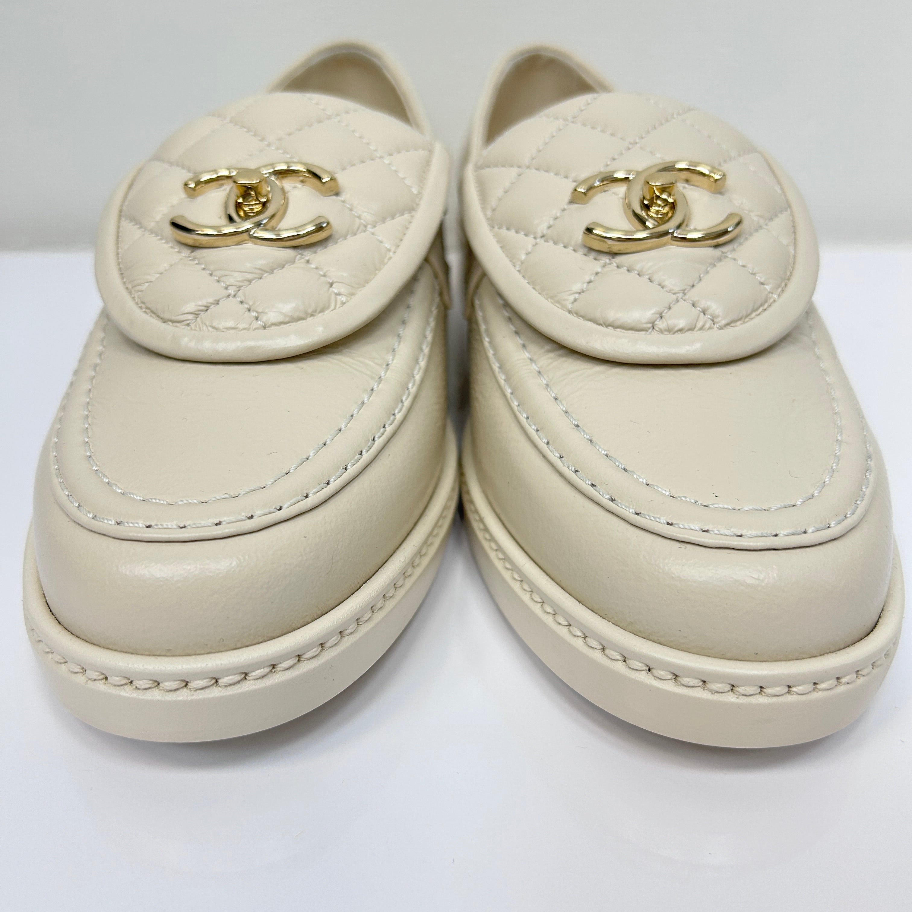 Beige Lamb Quilted Flap Turnlock CC Logo Loafer