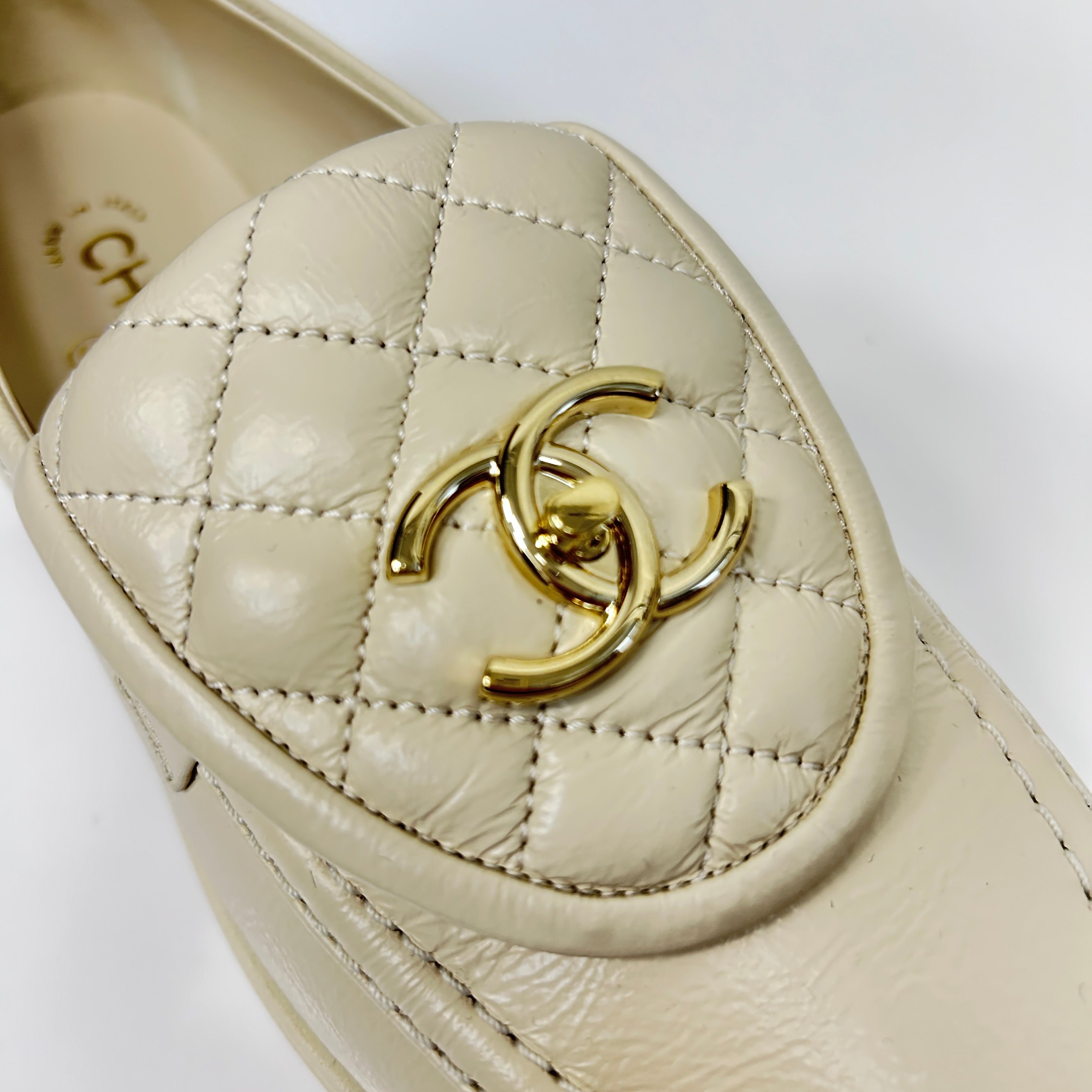 Beige Lamb Quilted Flap Turnlock CC Logo Loafer