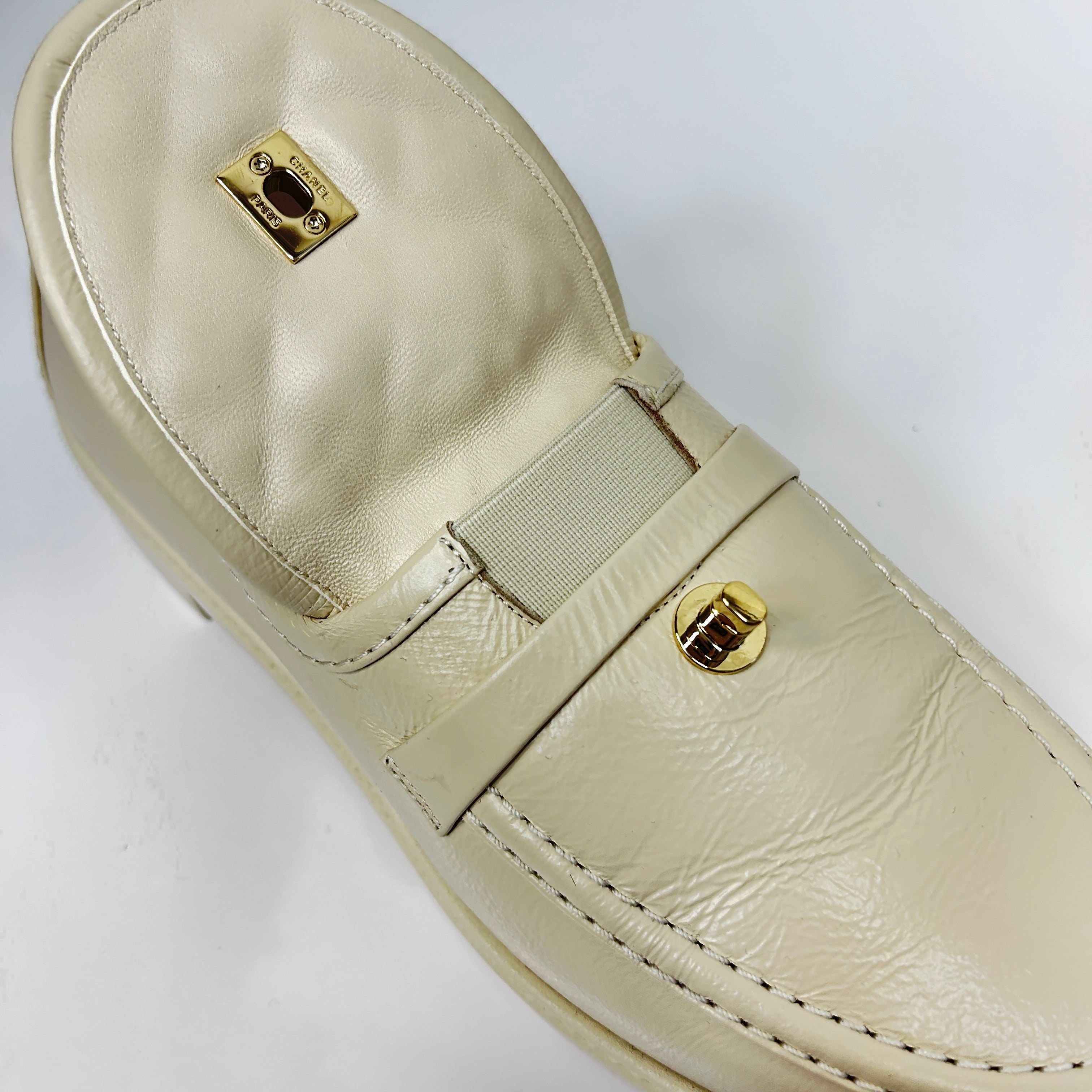 Beige Lamb Quilted Flap Turnlock CC Logo Loafer
