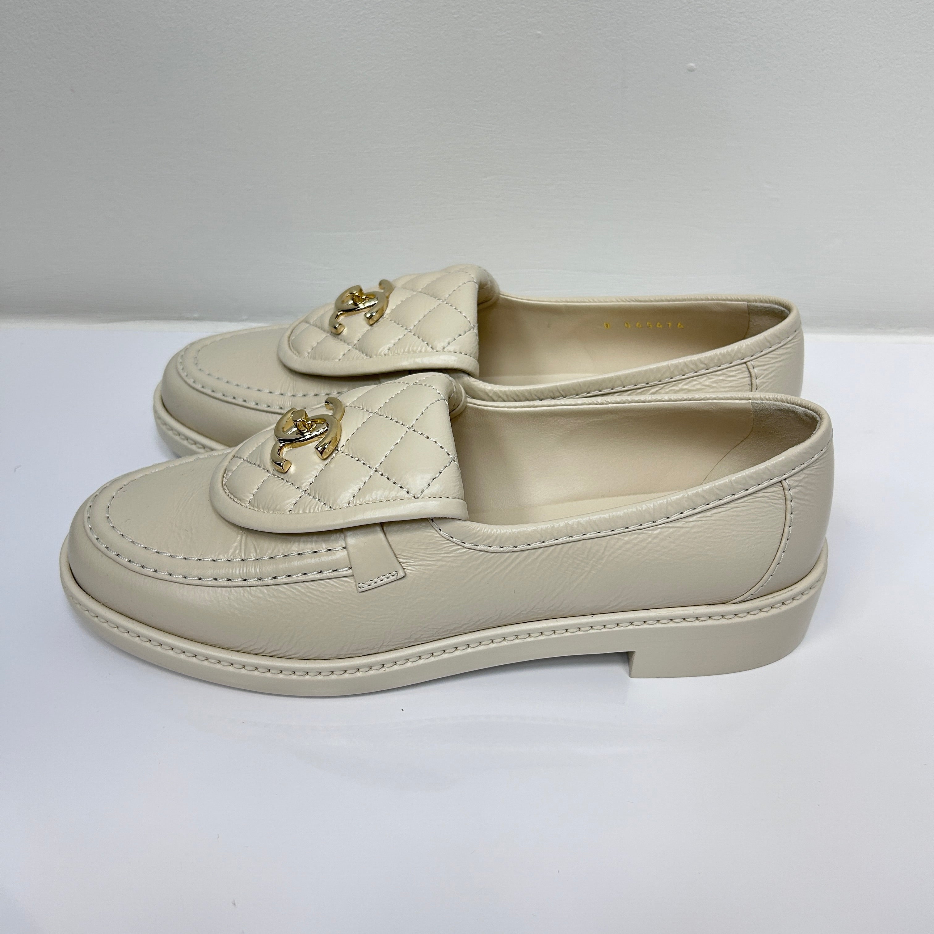 Beige Lamb Quilted Flap Turnlock CC Logo Loafer