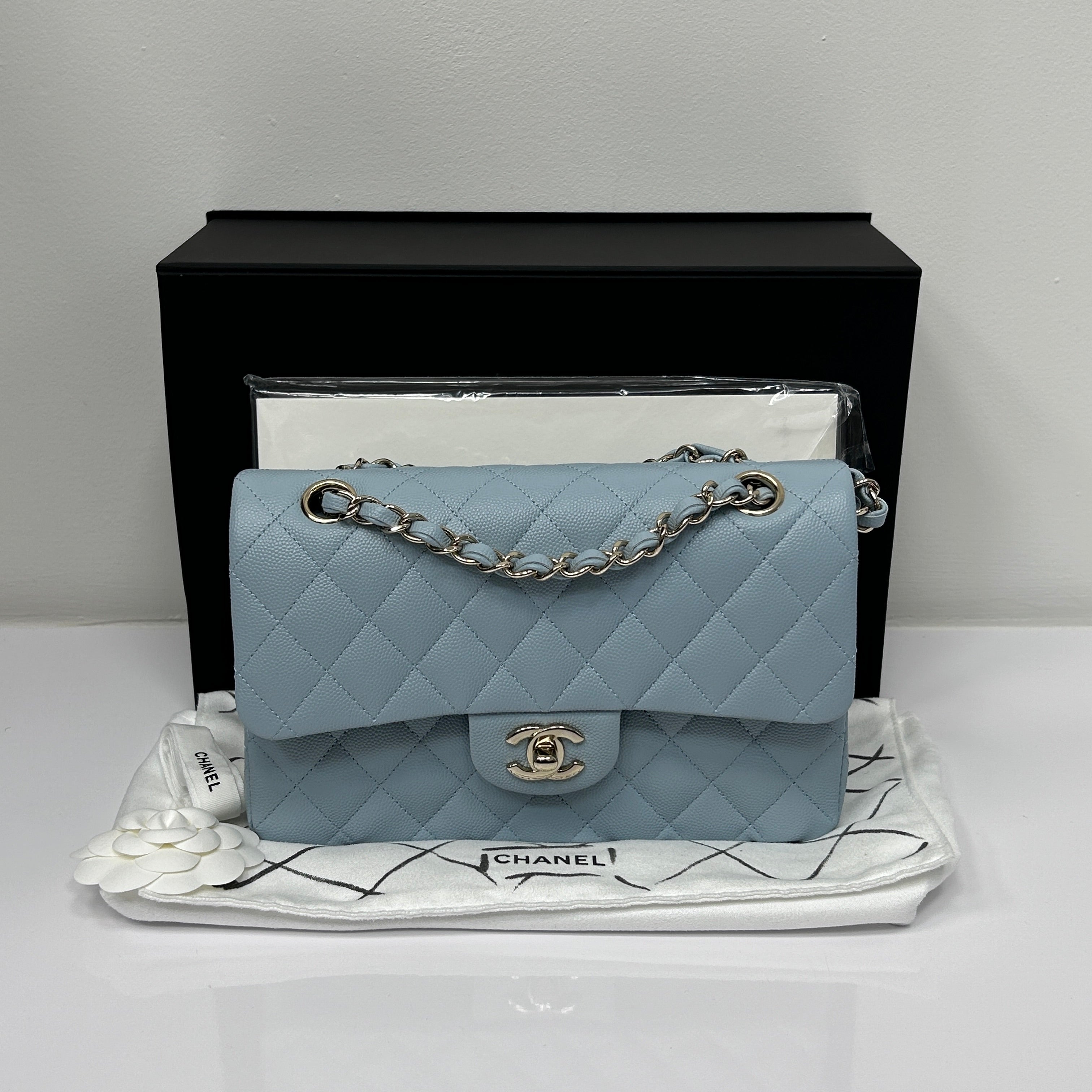 Light Blue Quilted Caviar Leather Classic Medium Double Flap Bag w/GHW