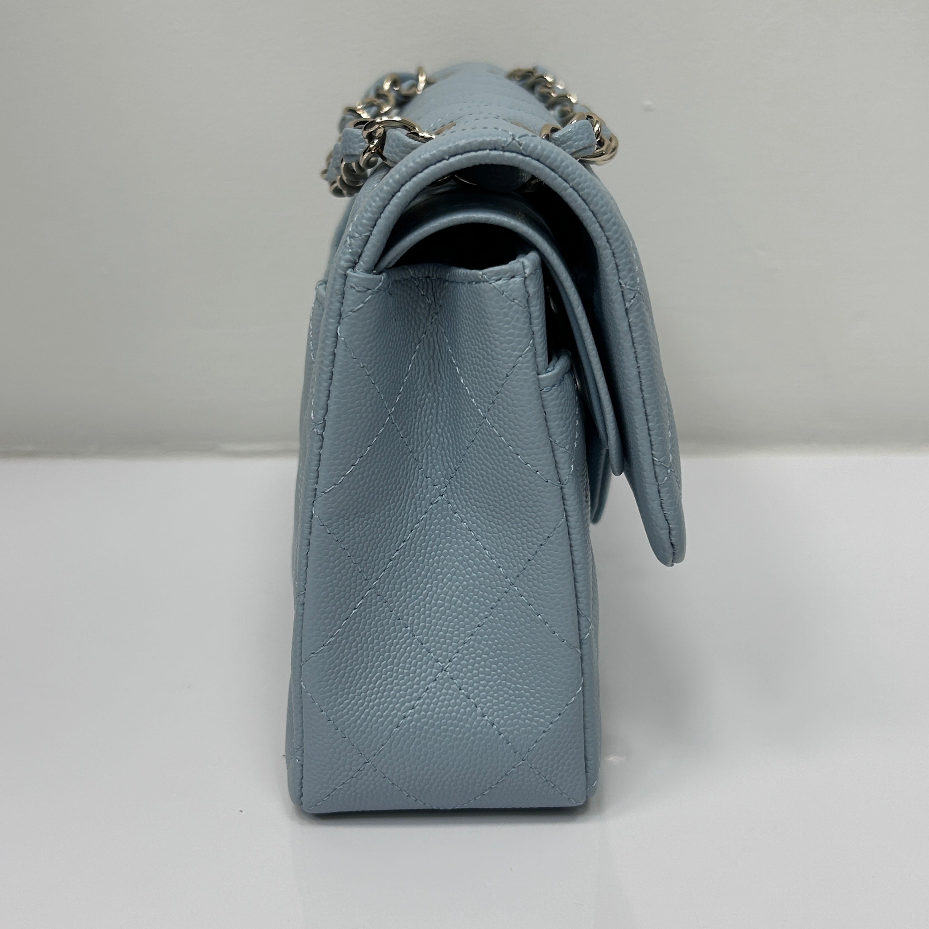 Light Blue Quilted Caviar Leather Classic Medium Double Flap Bag w/GHW
