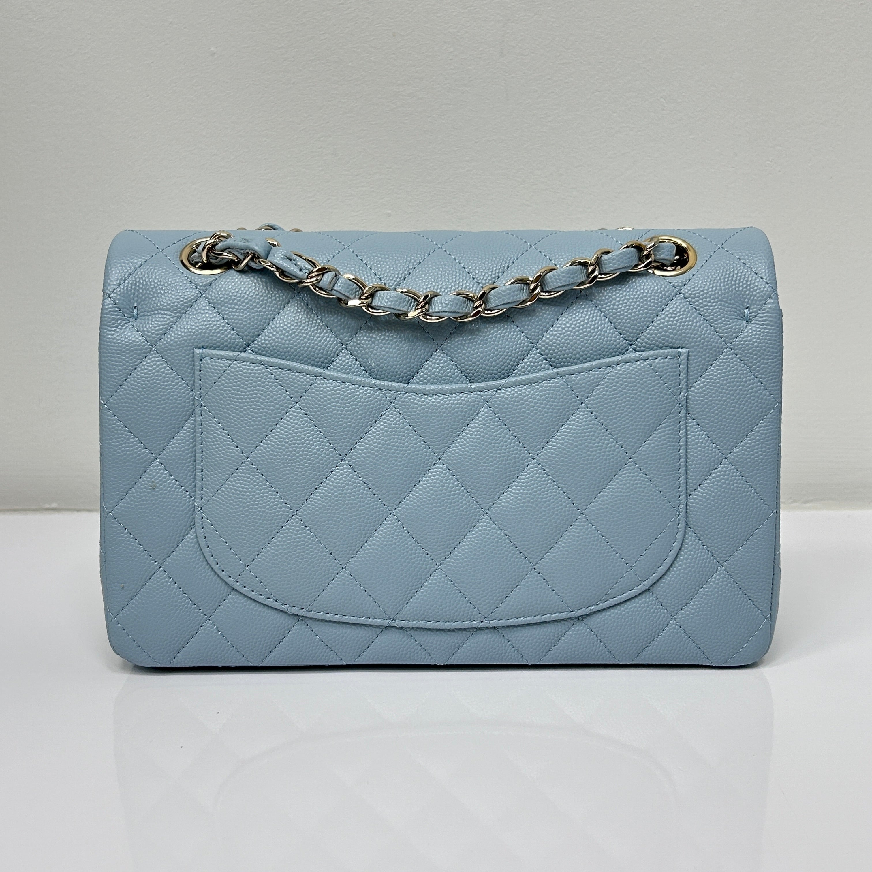Light Blue Quilted Caviar Leather Classic Medium Double Flap Bag w/GHW