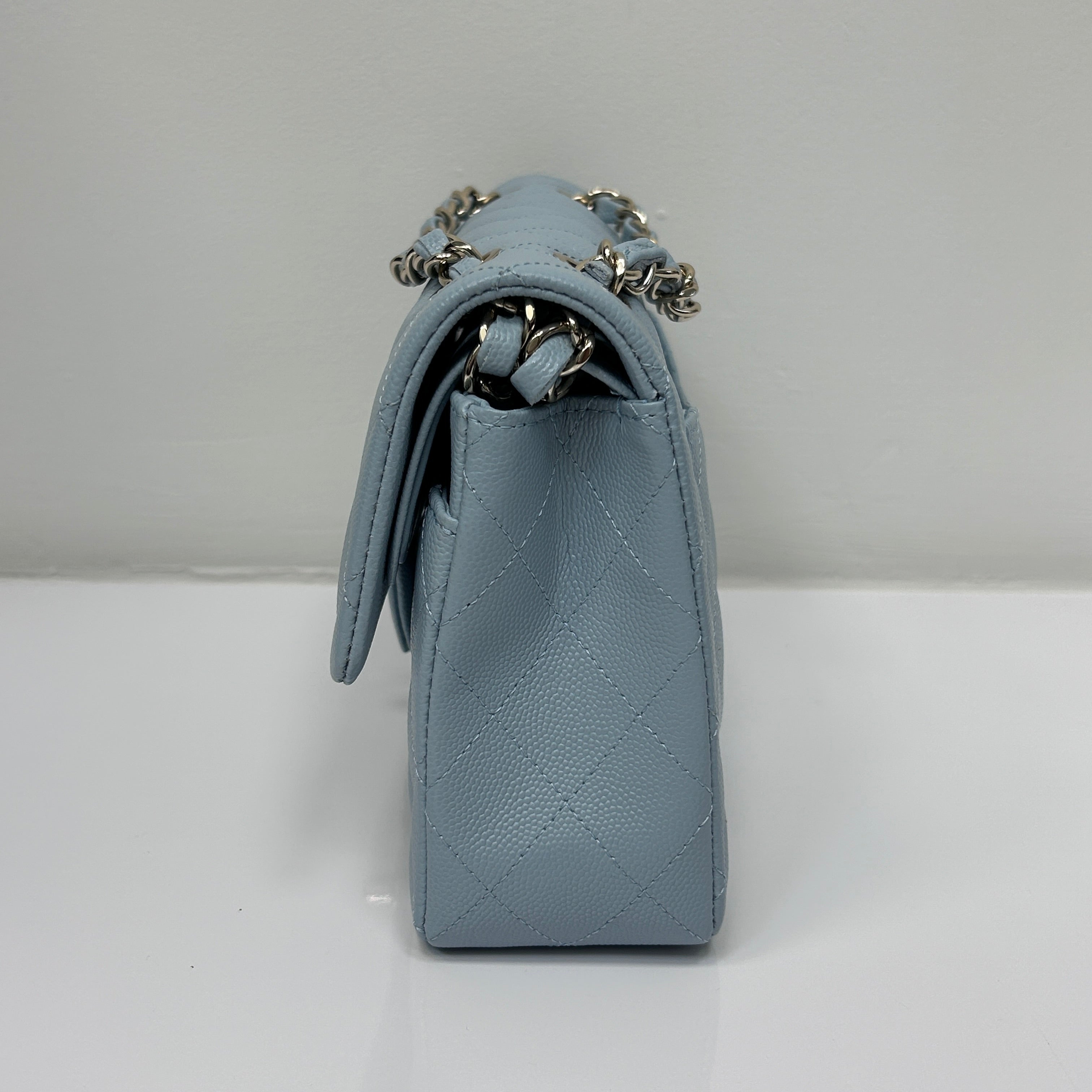 Light Blue Quilted Caviar Leather Classic Medium Double Flap Bag w/GHW