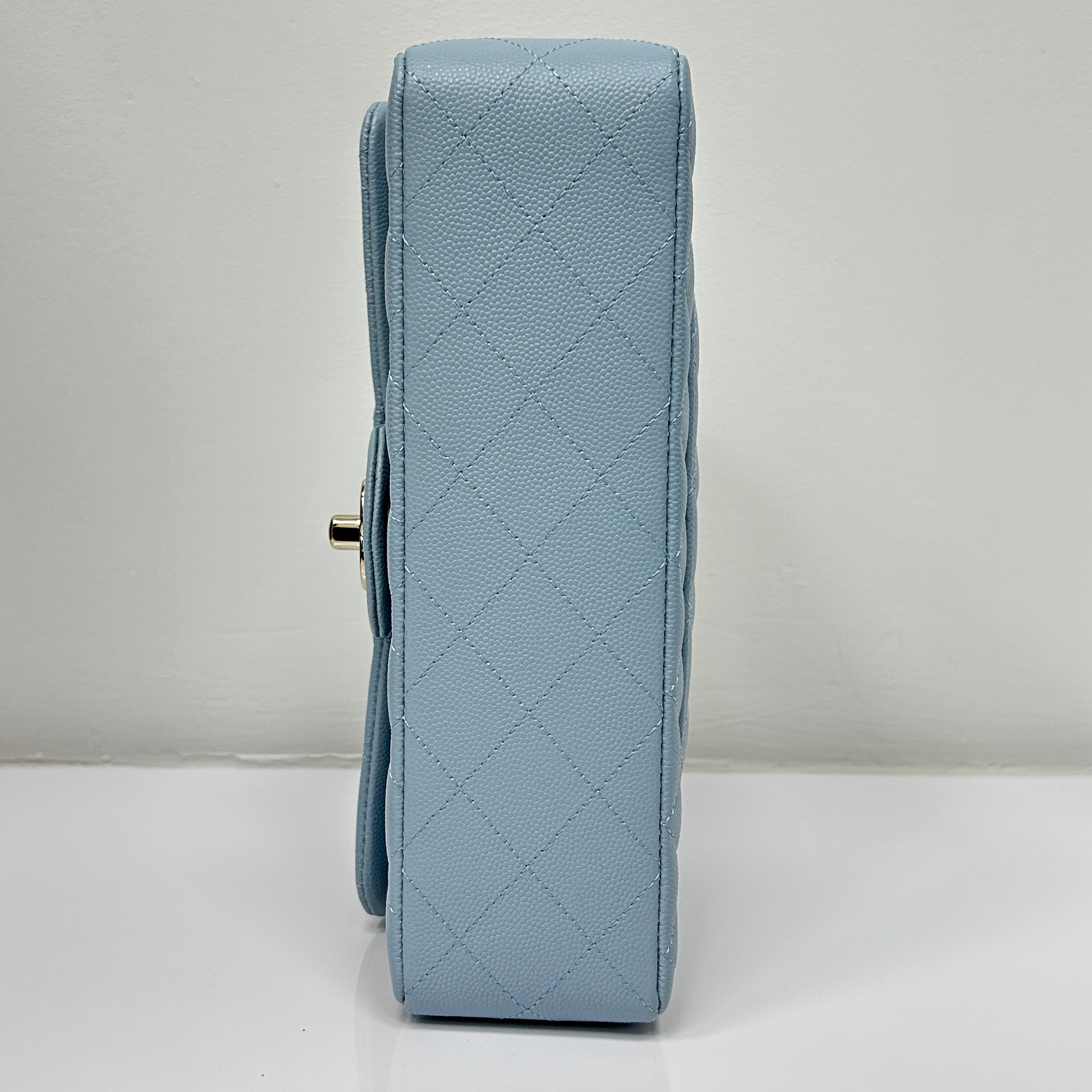 Light Blue Quilted Caviar Leather Classic Medium Double Flap Bag w/GHW