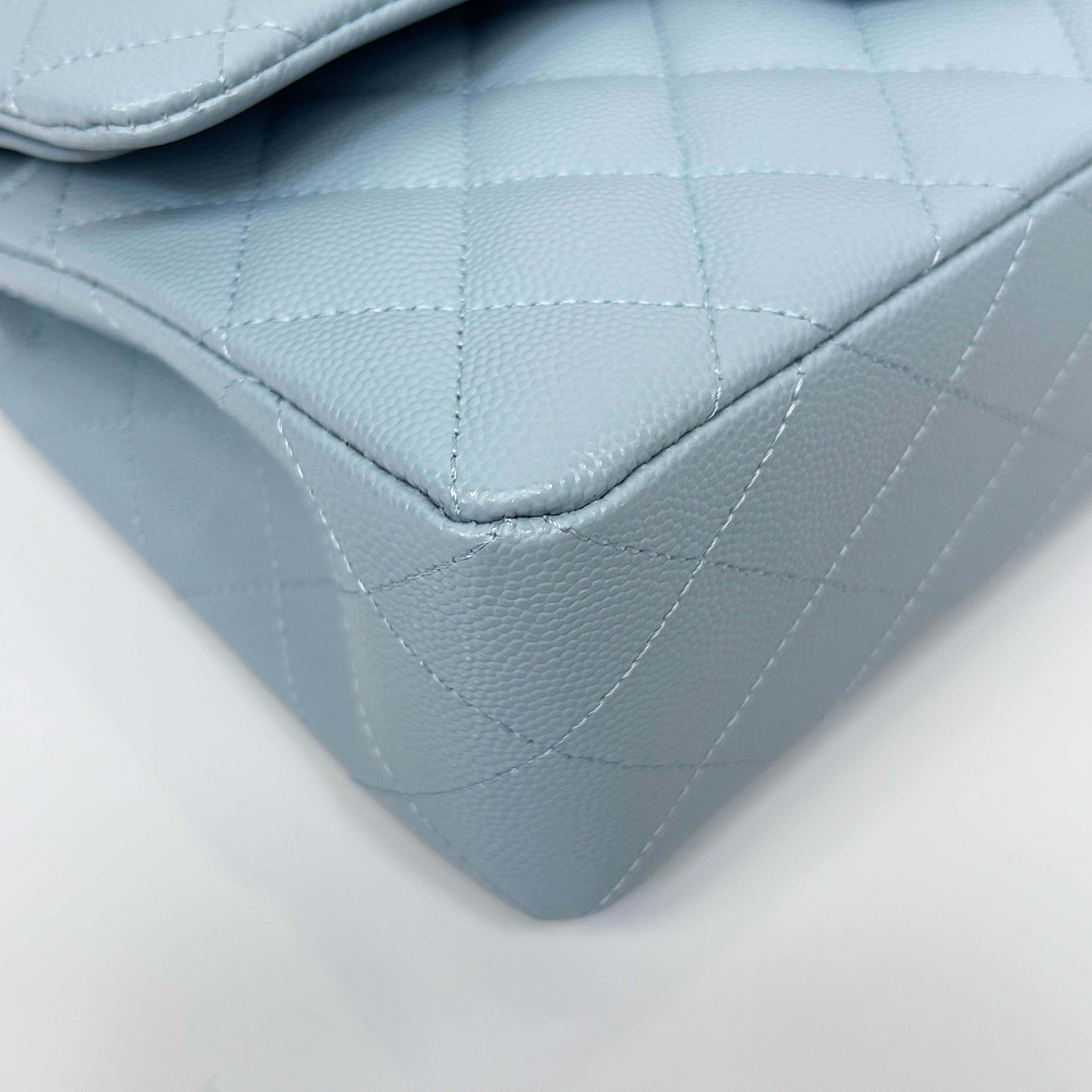 Light Blue Quilted Caviar Leather Classic Medium Double Flap Bag w/GHW