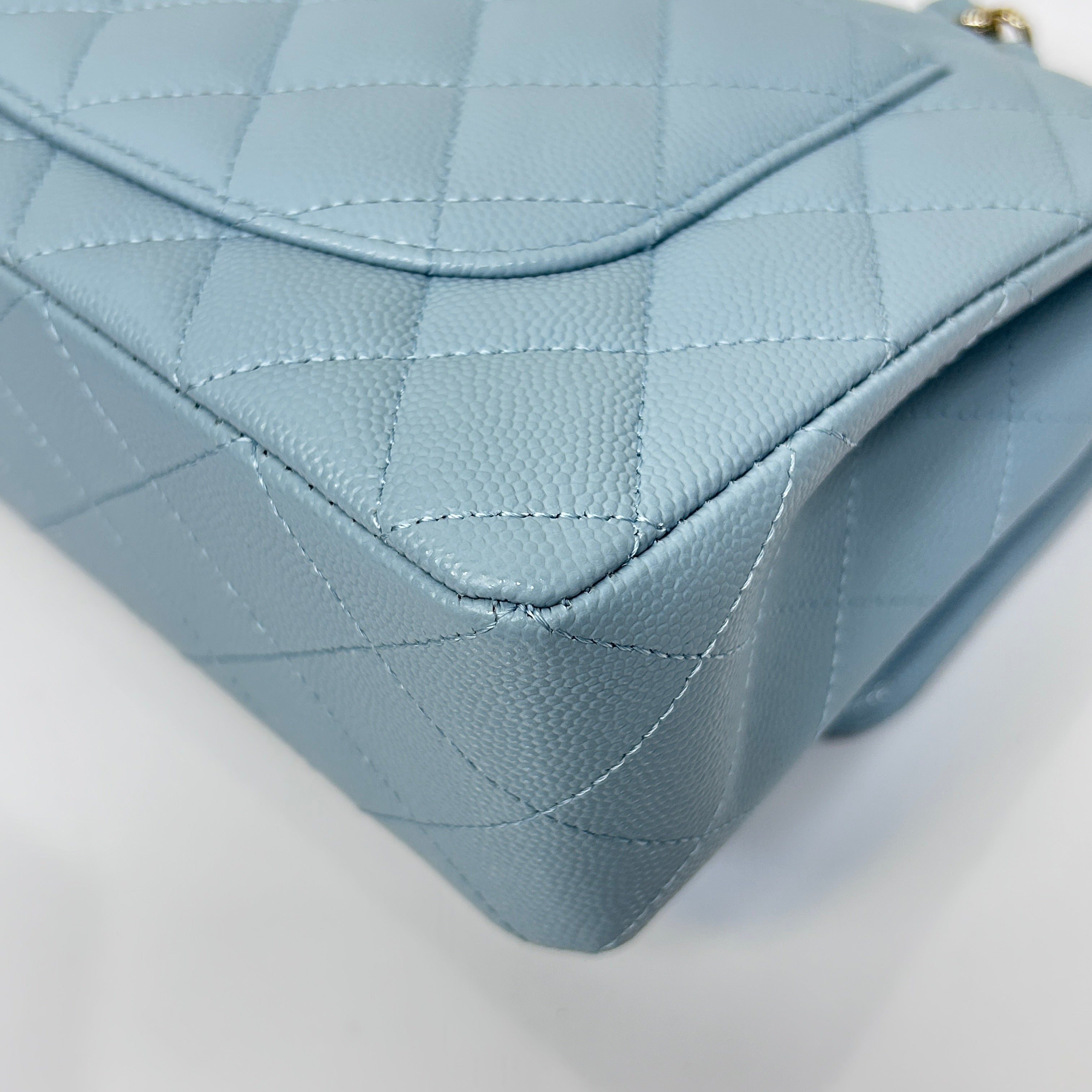 Light Blue Quilted Caviar Leather Classic Medium Double Flap Bag w/GHW