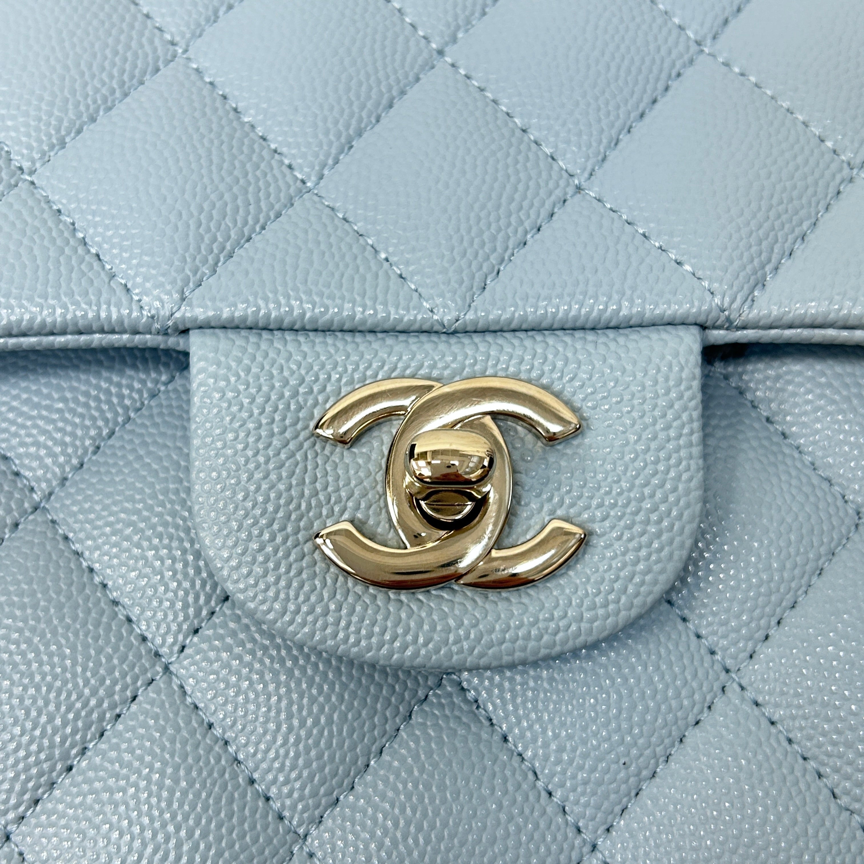 Light Blue Quilted Caviar Leather Classic Medium Double Flap Bag w/GHW