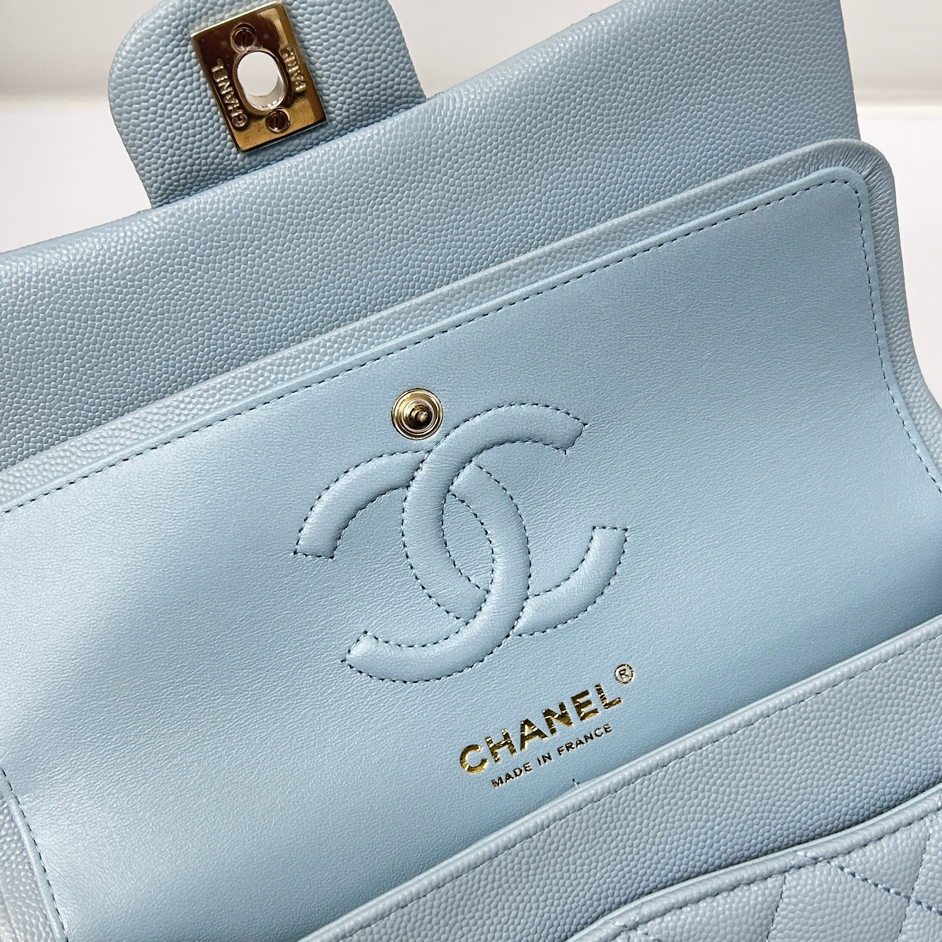 Light Blue Quilted Caviar Leather Classic Medium Double Flap Bag w/GHW