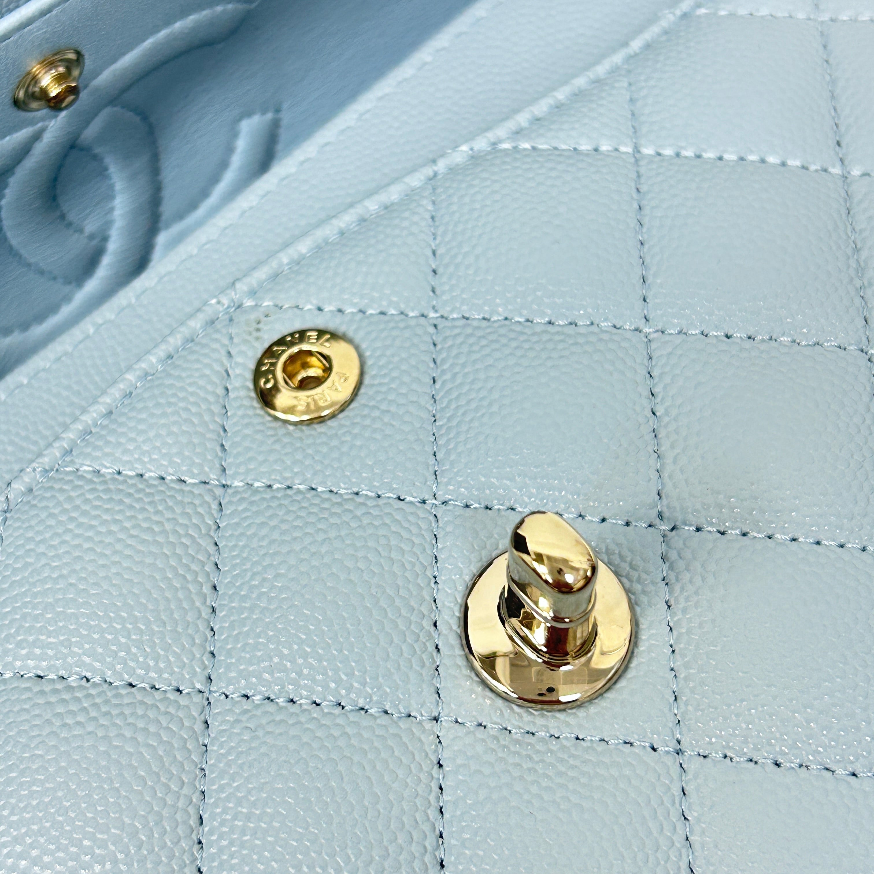 Light Blue Quilted Caviar Leather Classic Medium Double Flap Bag w/GHW