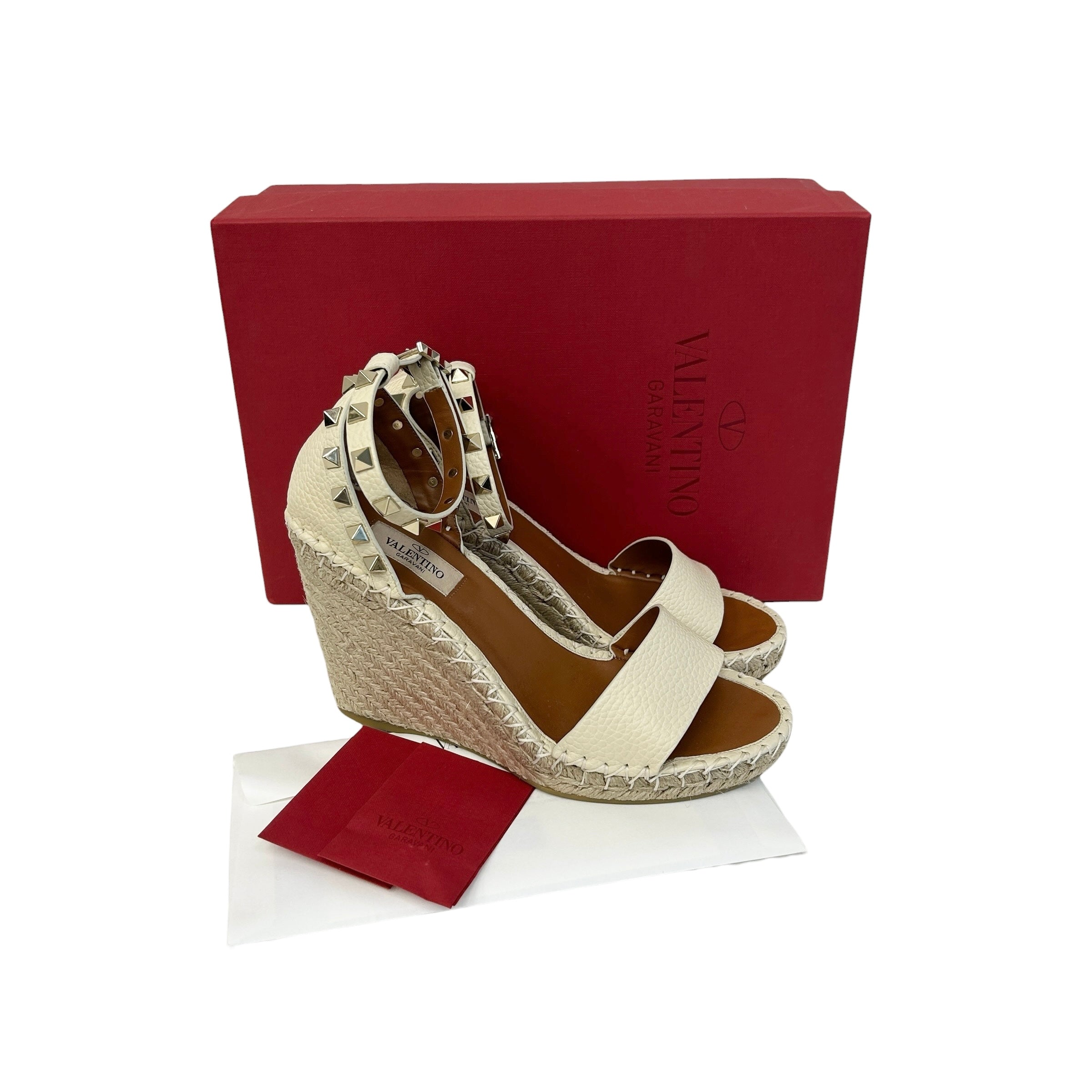Beige Leather Rockstud Wedge Sandals w/GHW - Haute Classics