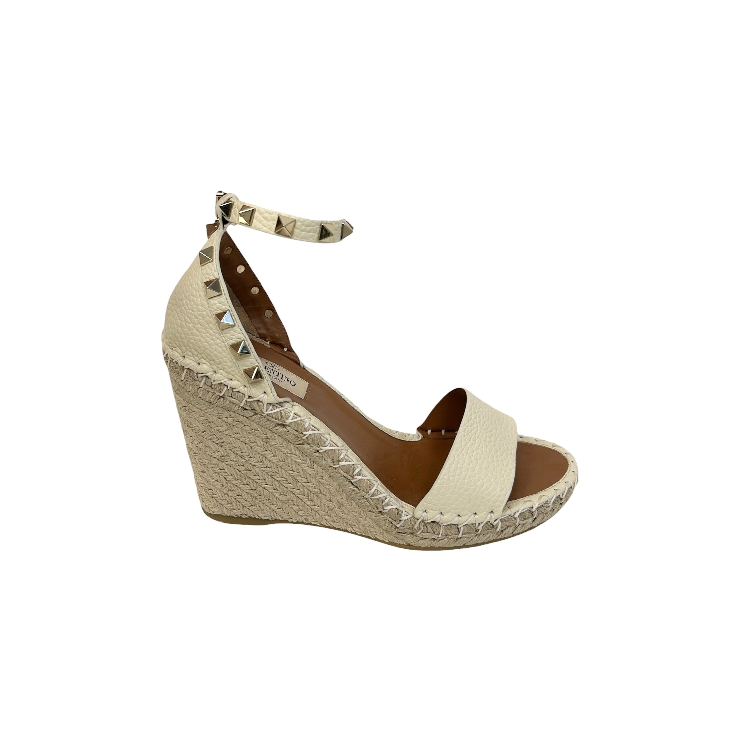 Beige Leather Rockstud Wedge Sandals w/GHW - Haute Classics