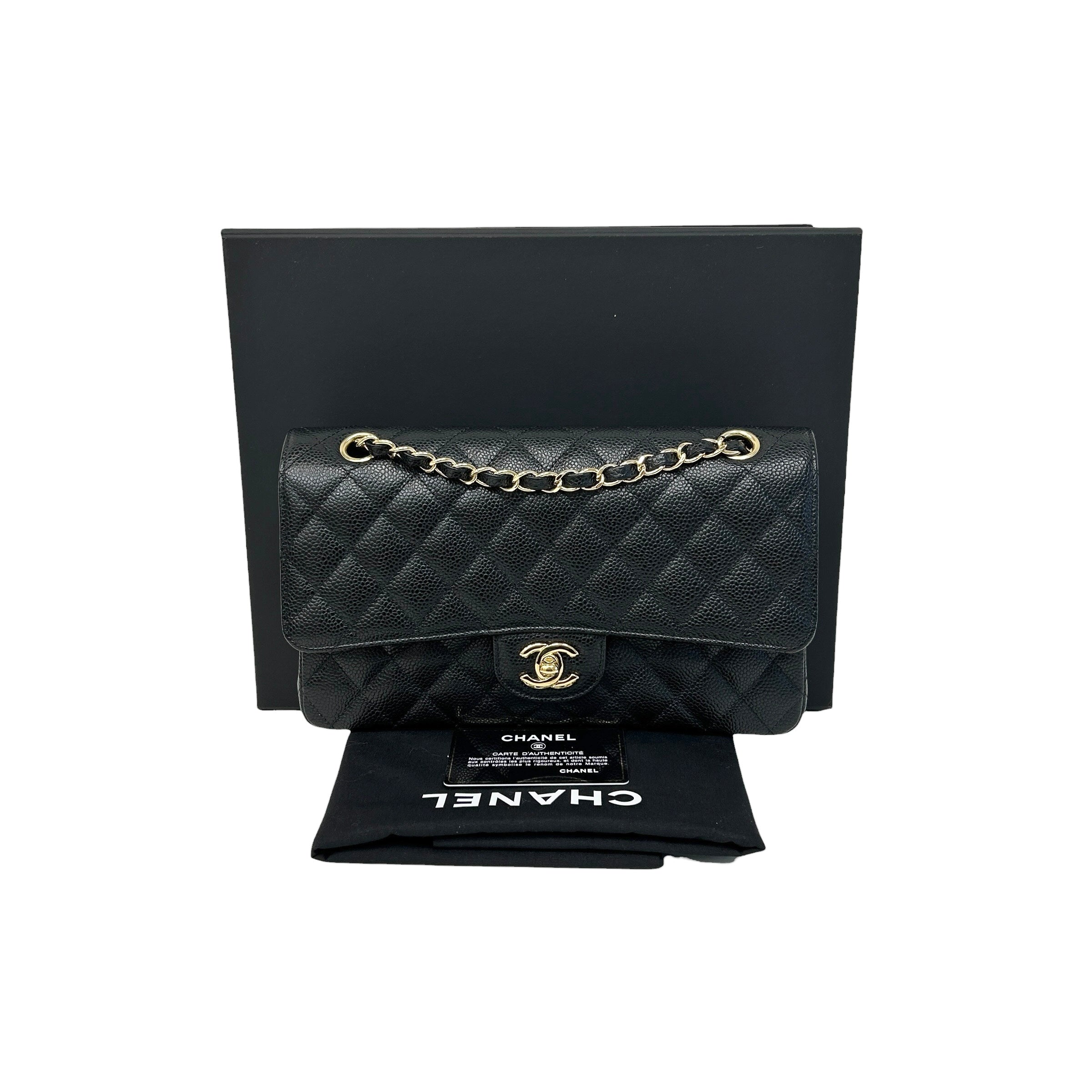 Black Quilted Caviar Leather Classic Medium Double Flap Bag w/GHW