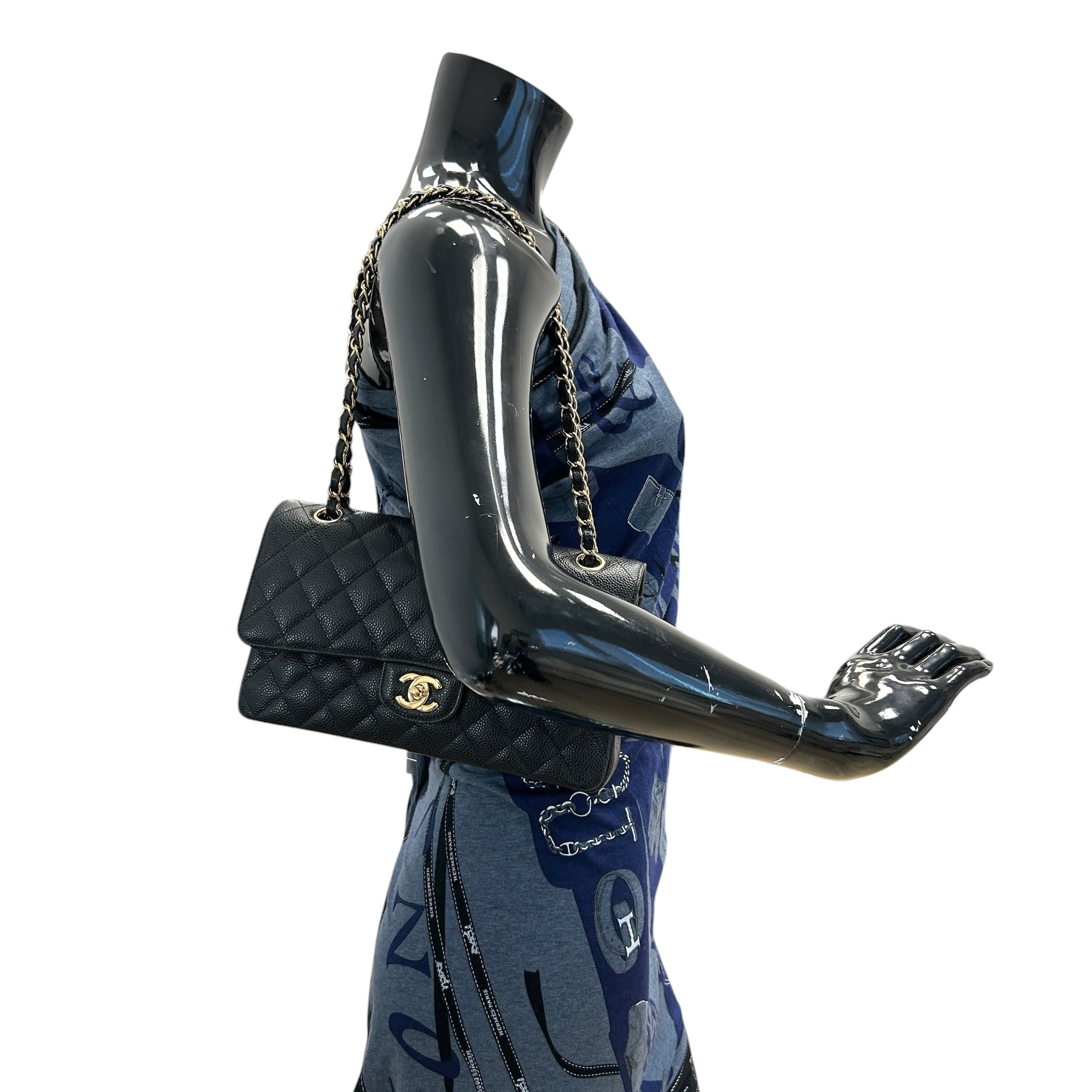 Black Quilted Caviar Leather Classic Medium Double Flap Bag w/GHW