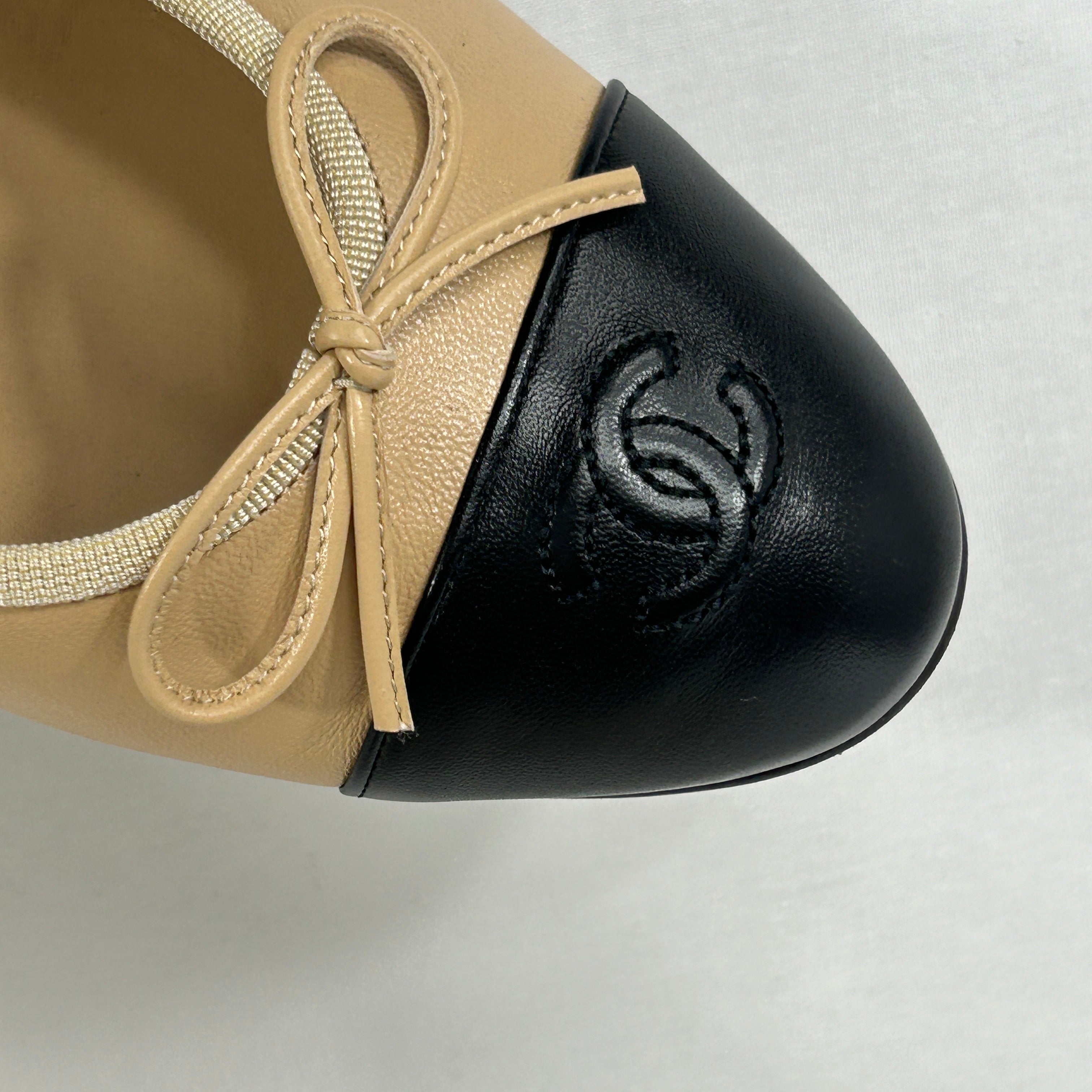 Beige/Black Lambskin CC Ballet Flats