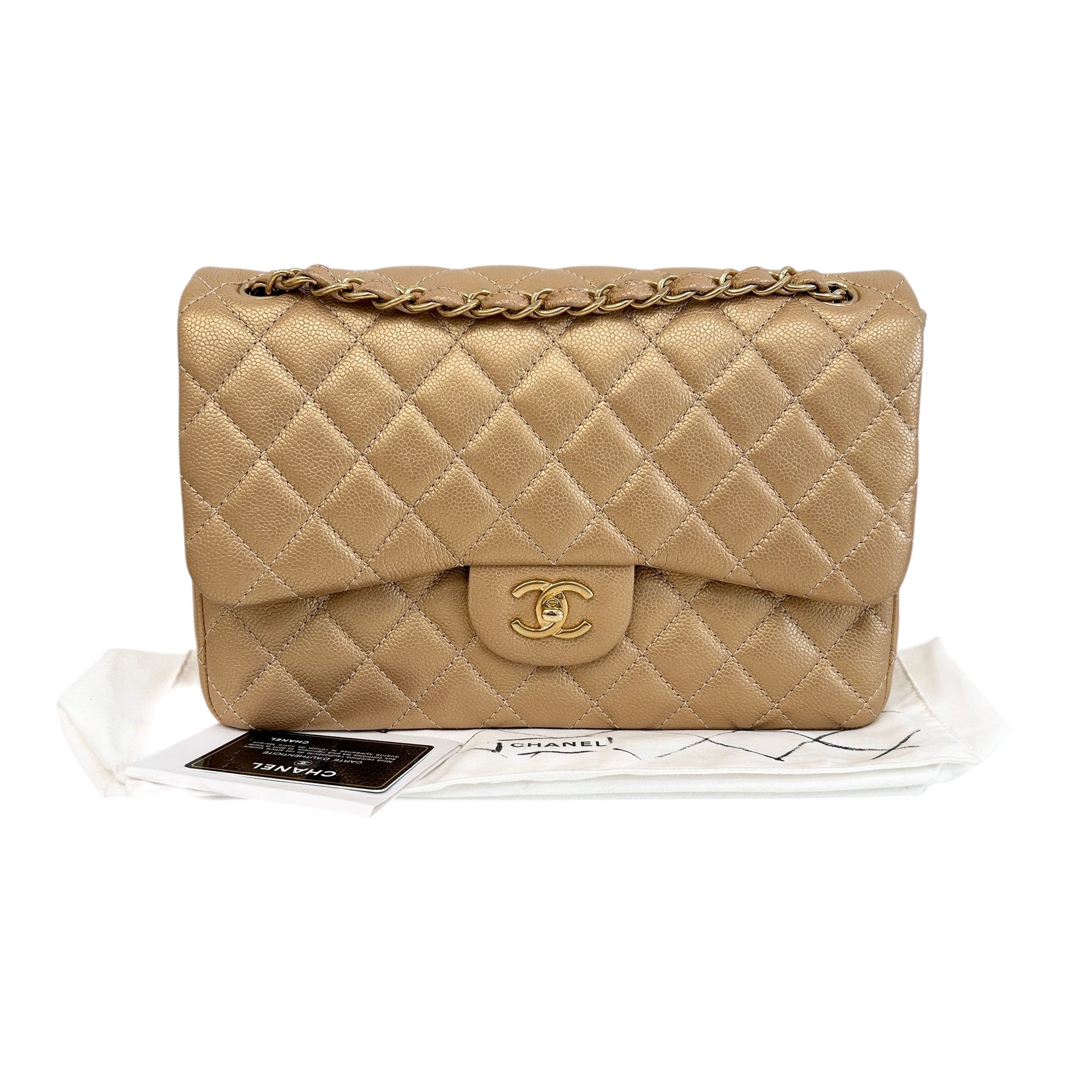 Metallic Gold Quilted Caviar Leather Classic Jumbo Double Flap Bag w/GHW - Haute Classics