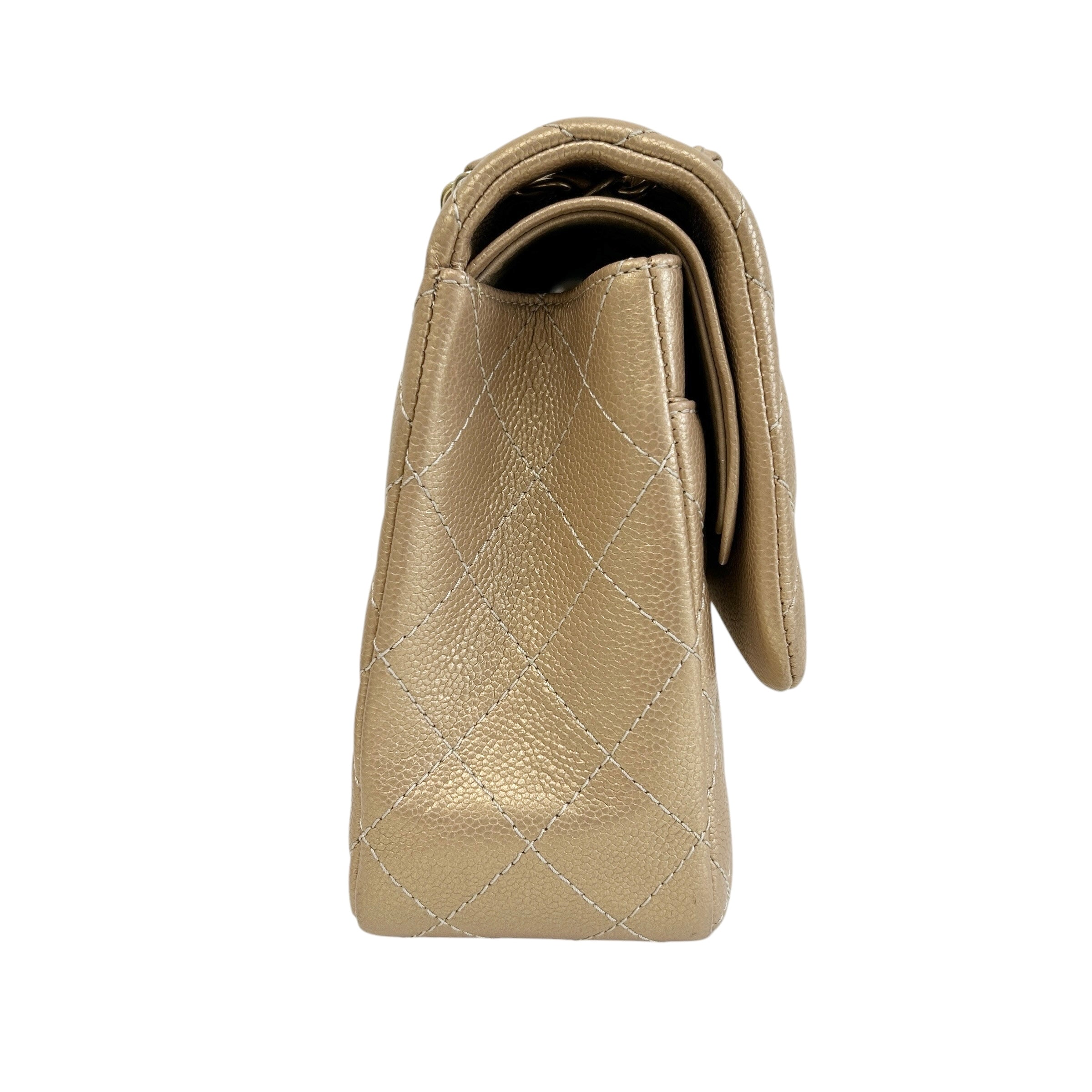 Metallic Gold Quilted Caviar Leather Classic Jumbo Double Flap Bag w/GHW - Haute Classics