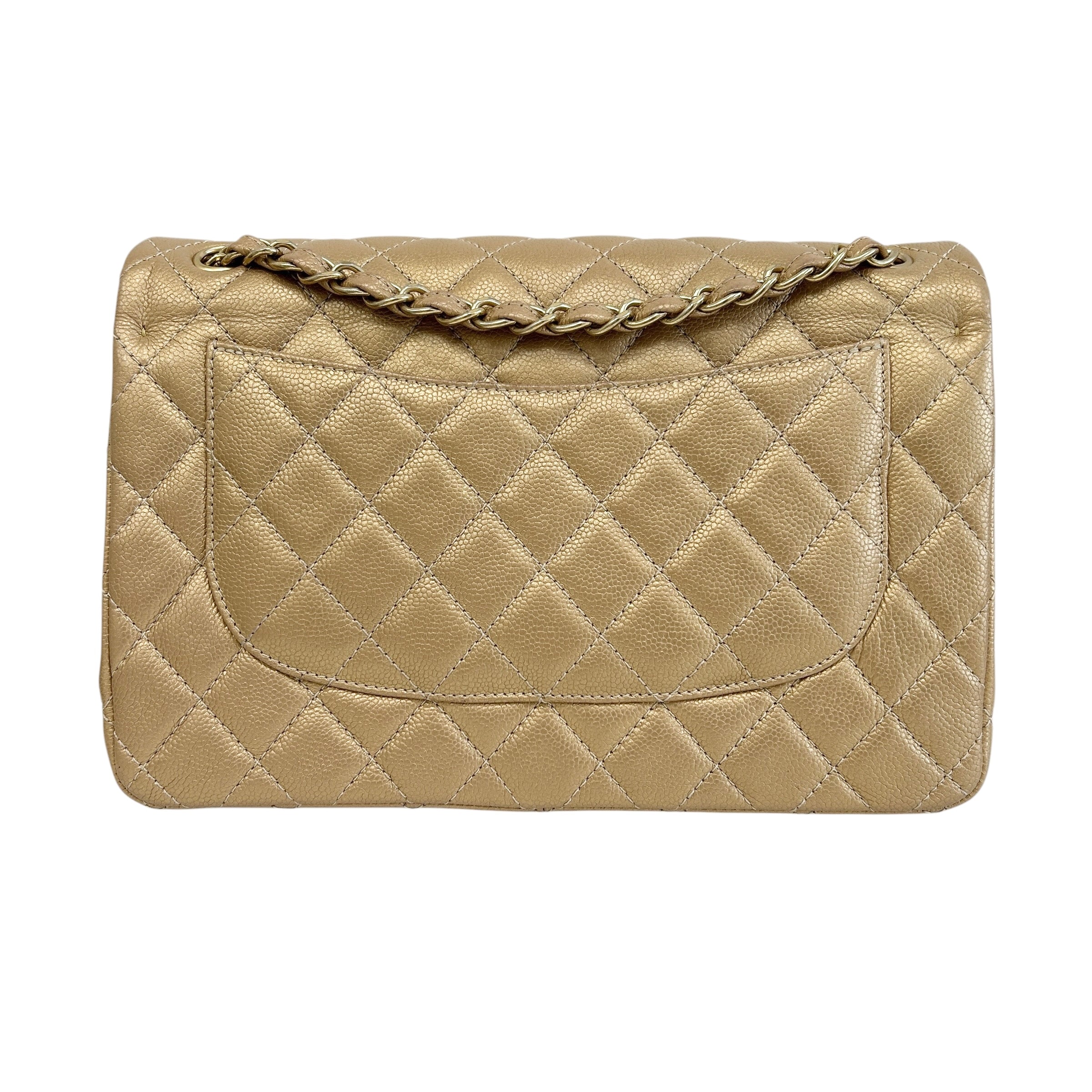 Metallic Gold Quilted Caviar Leather Classic Jumbo Double Flap Bag w/GHW - Haute Classics
