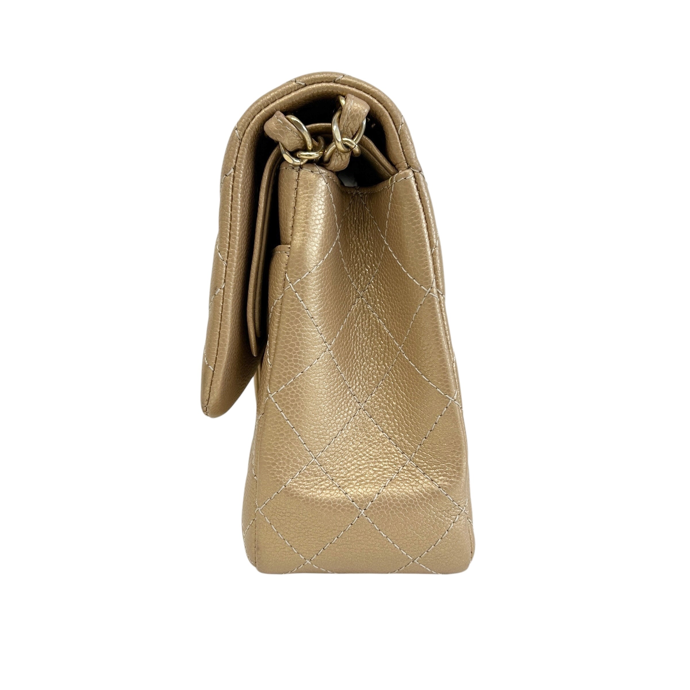 Metallic Gold Quilted Caviar Leather Classic Jumbo Double Flap Bag w/GHW - Haute Classics