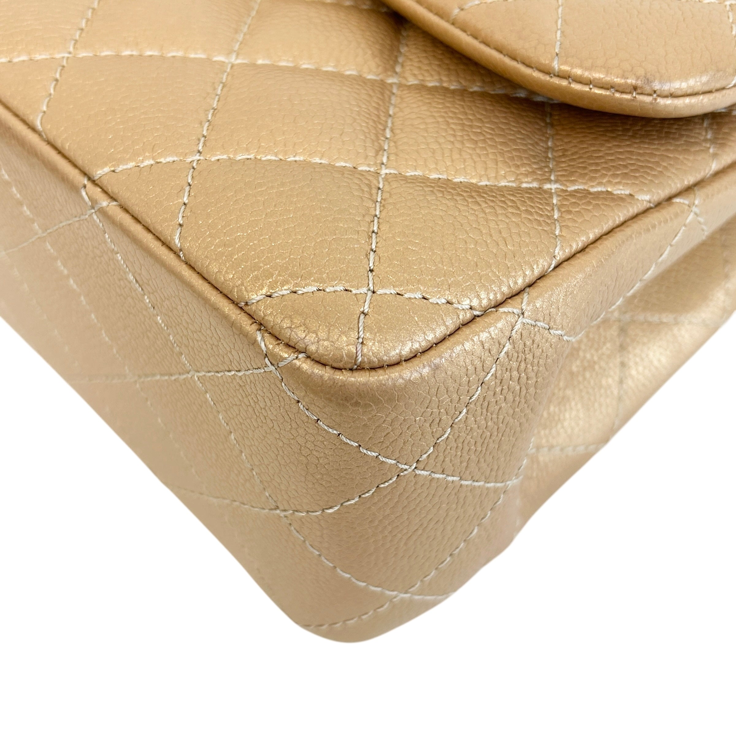 Metallic Gold Quilted Caviar Leather Classic Jumbo Double Flap Bag w/GHW - Haute Classics