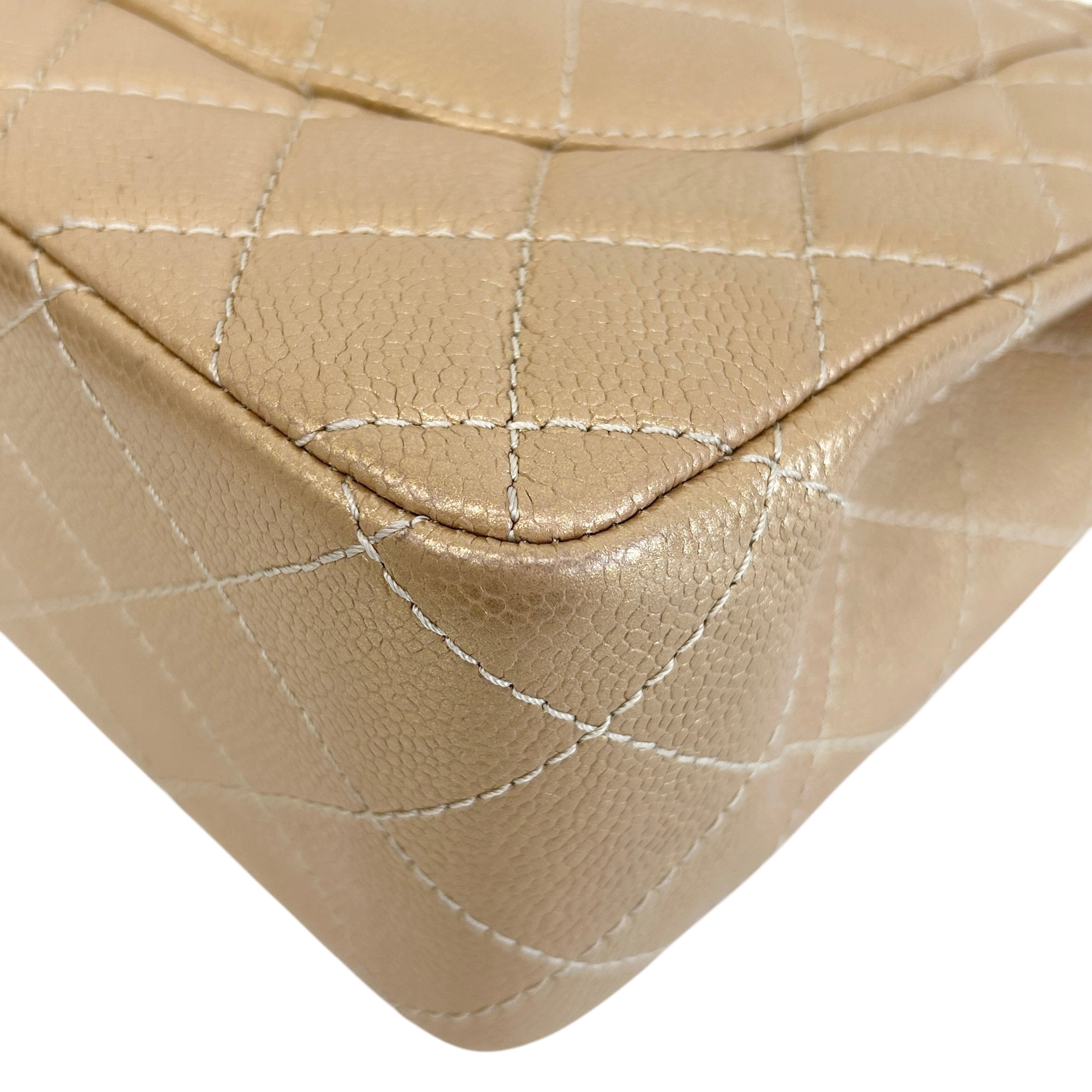 Metallic Gold Quilted Caviar Leather Classic Jumbo Double Flap Bag w/GHW - Haute Classics