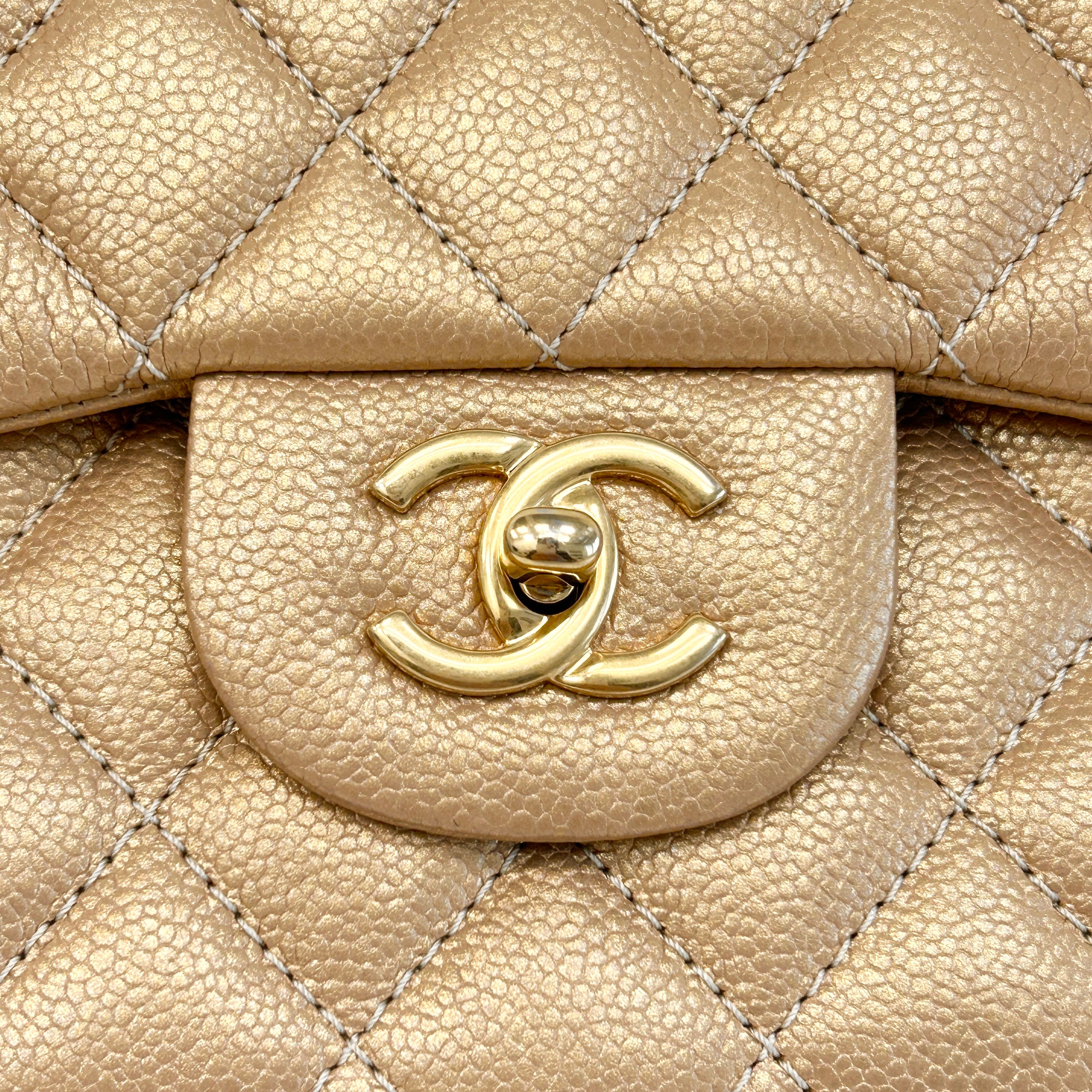 Metallic Gold Quilted Caviar Leather Classic Jumbo Double Flap Bag w/GHW - Haute Classics