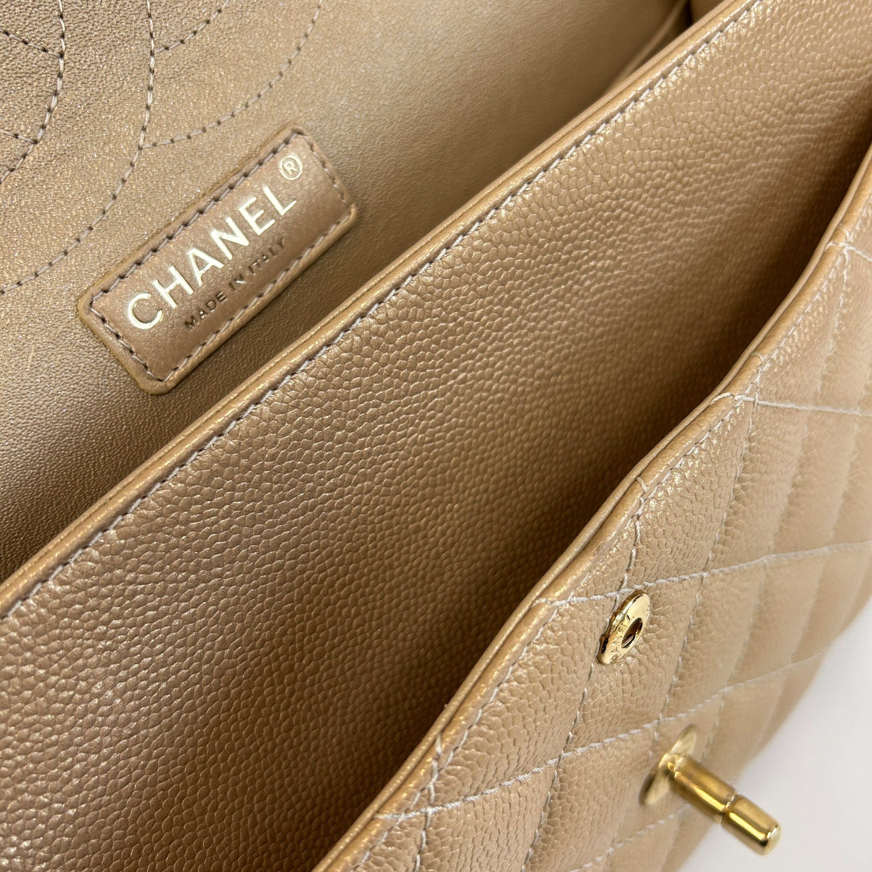 Metallic Gold Quilted Caviar Leather Classic Jumbo Double Flap Bag w/GHW - Haute Classics