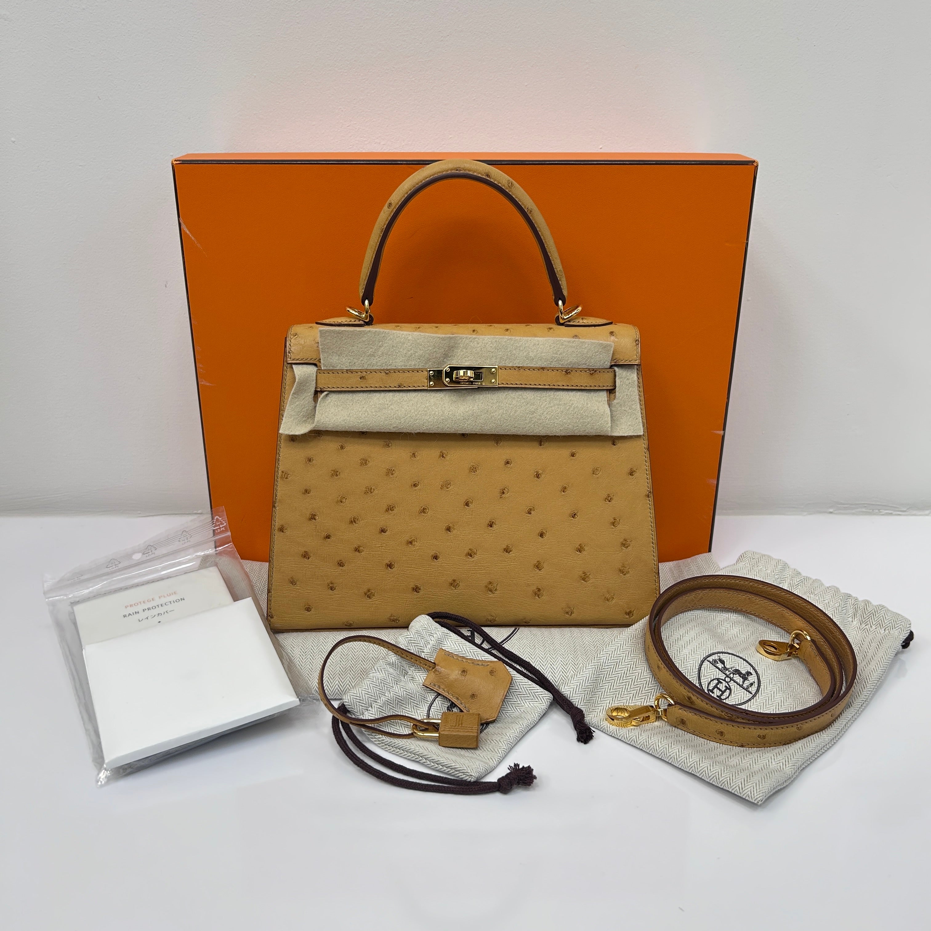 Tabac-Camel Ostrich Leather Kelly Sellier 25 Bag w/GHW