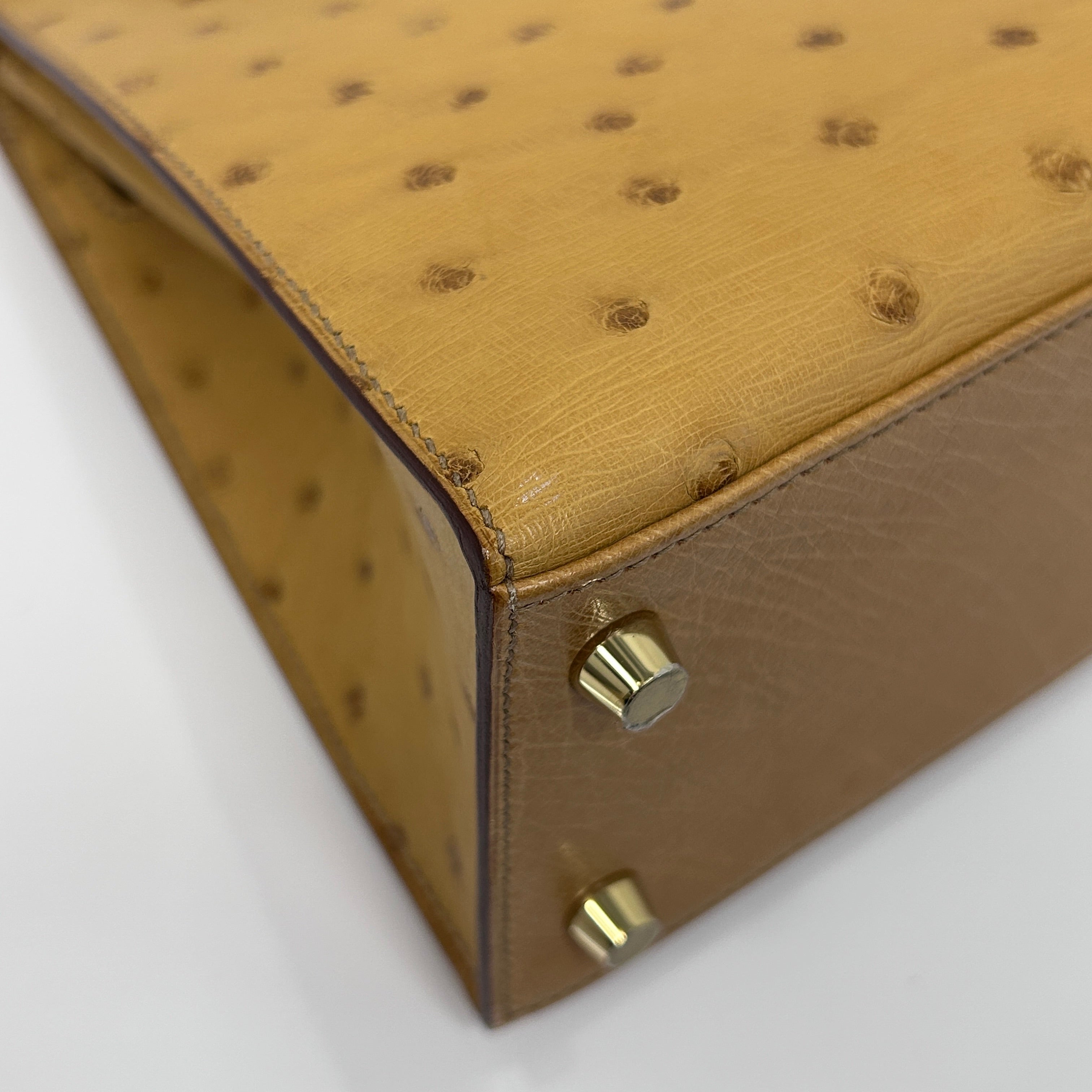 Tabac-Camel Ostrich Leather Kelly Sellier 25 Bag w/GHW
