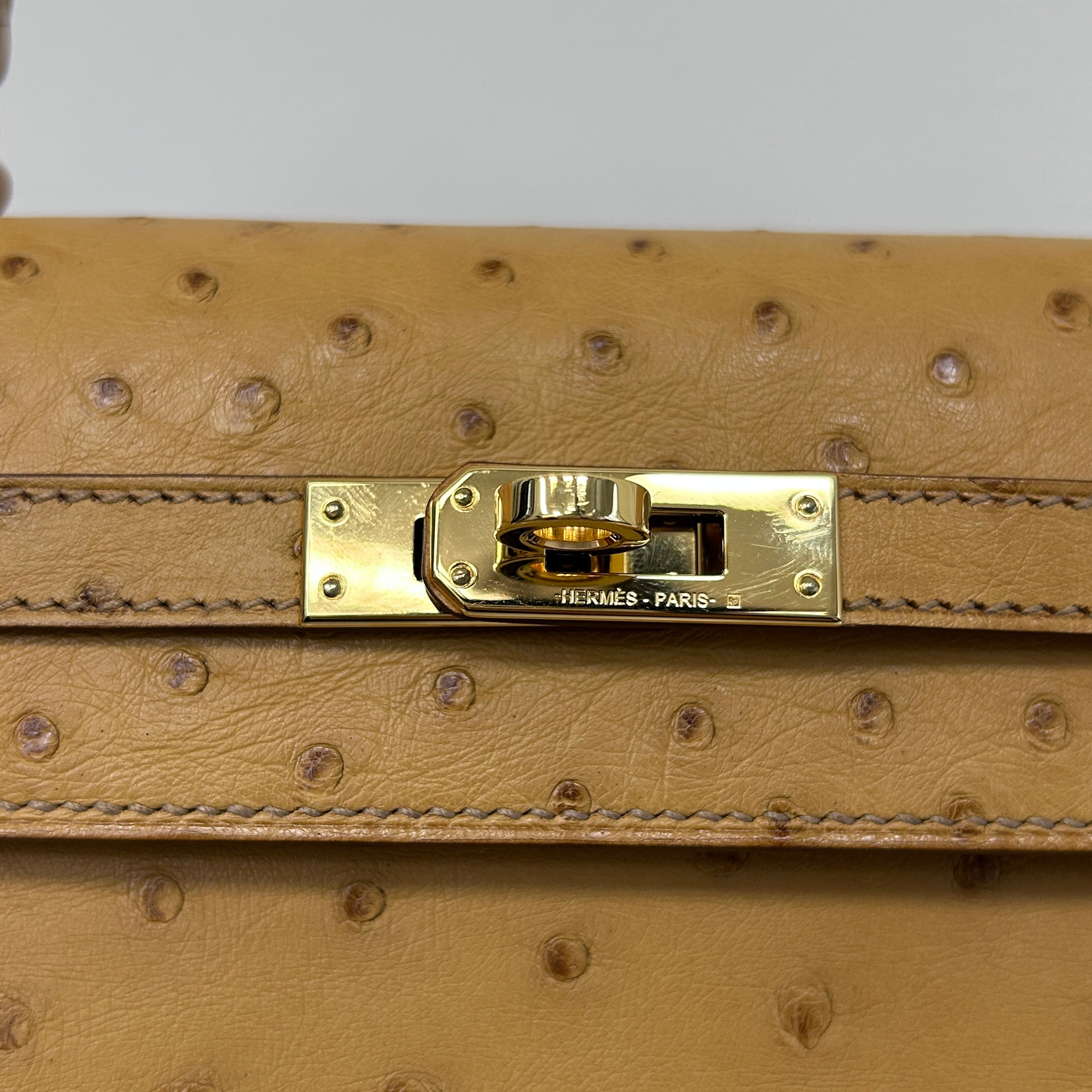 Tabac-Camel Ostrich Leather Kelly Sellier 25 Bag w/GHW