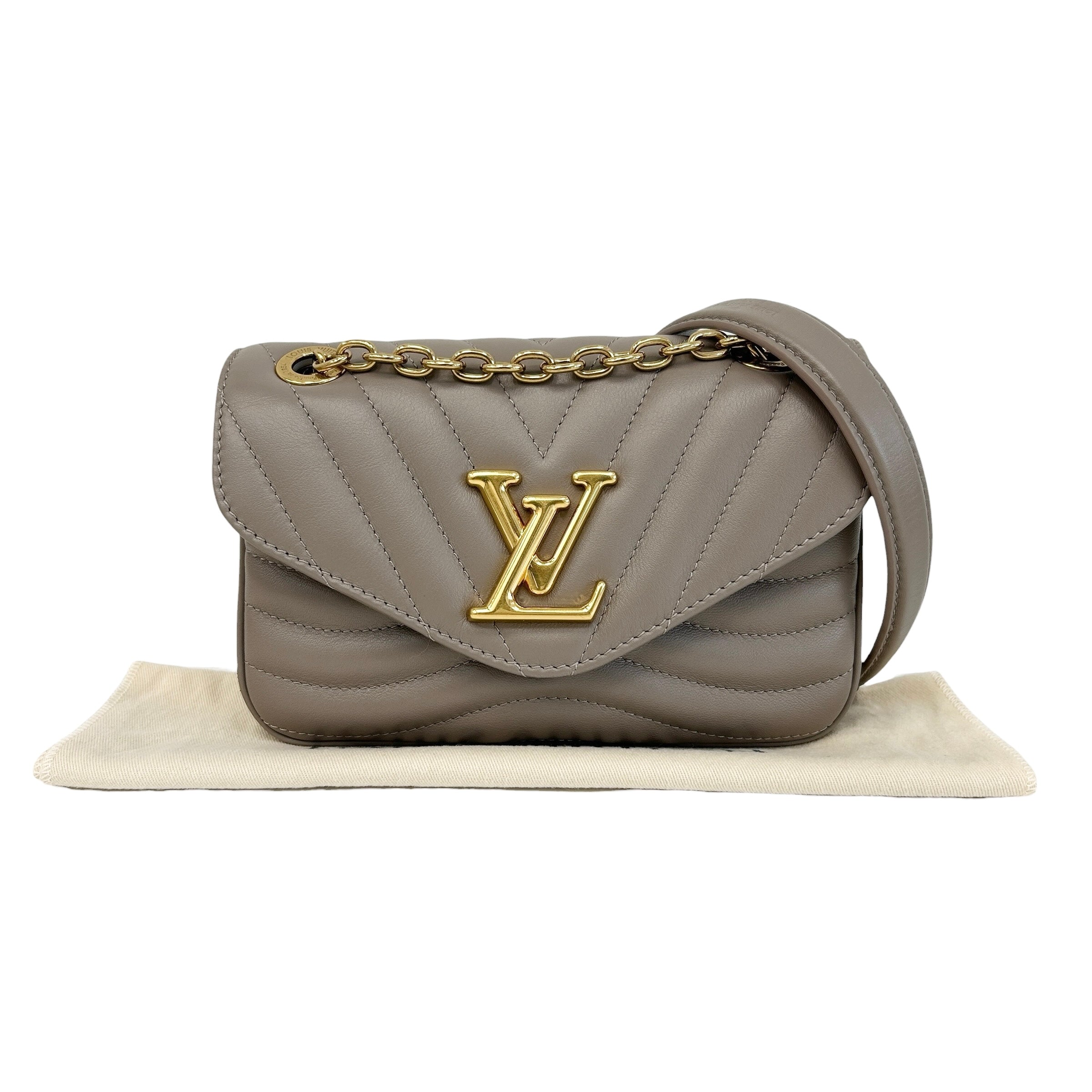 Taupe Quilted Calfskin Leather New Wave Chain PM Bag w/GHW - Haute Classics