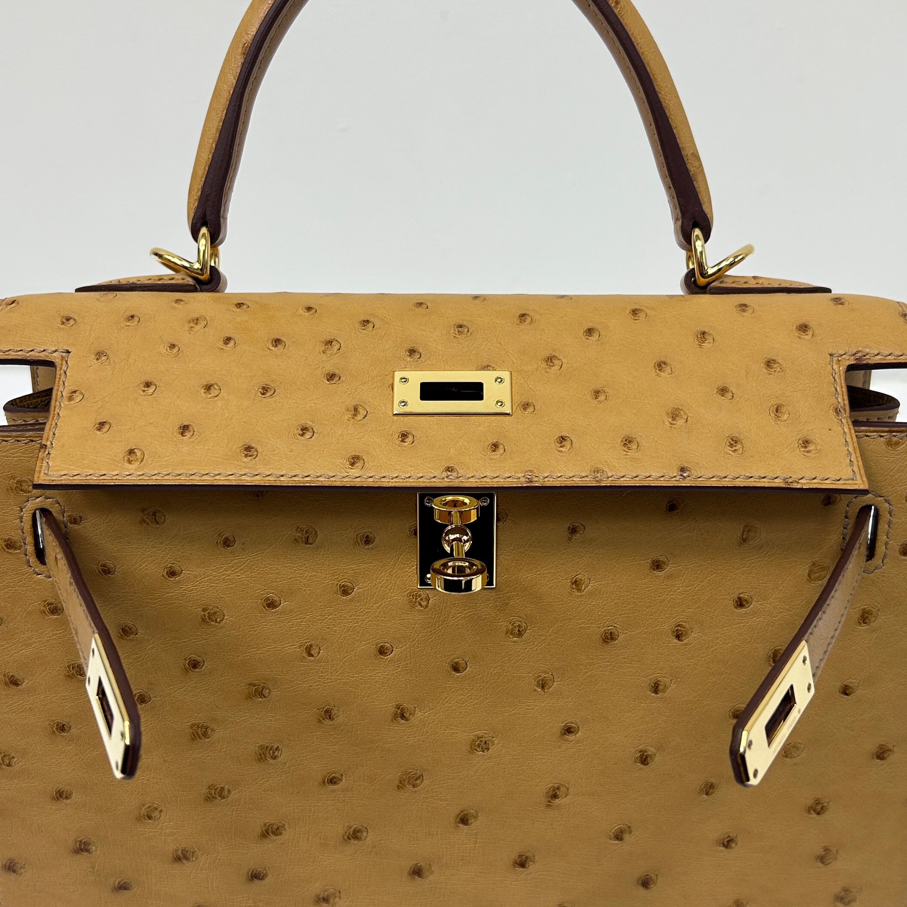 Tabac-Camel Ostrich Leather Kelly Sellier 25 Bag w/GHW