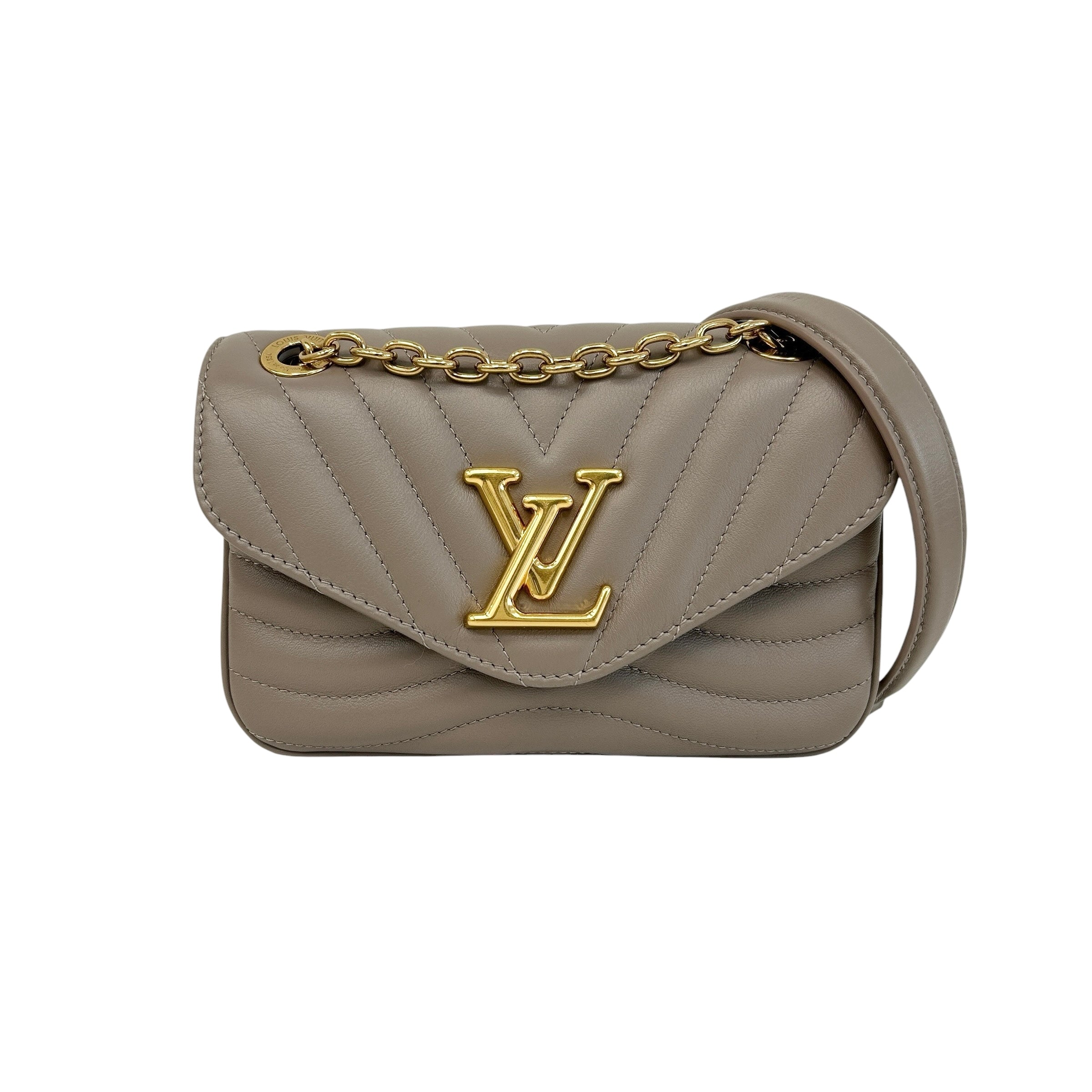 Taupe Quilted Calfskin Leather New Wave Chain PM Bag w/GHW - Haute Classics