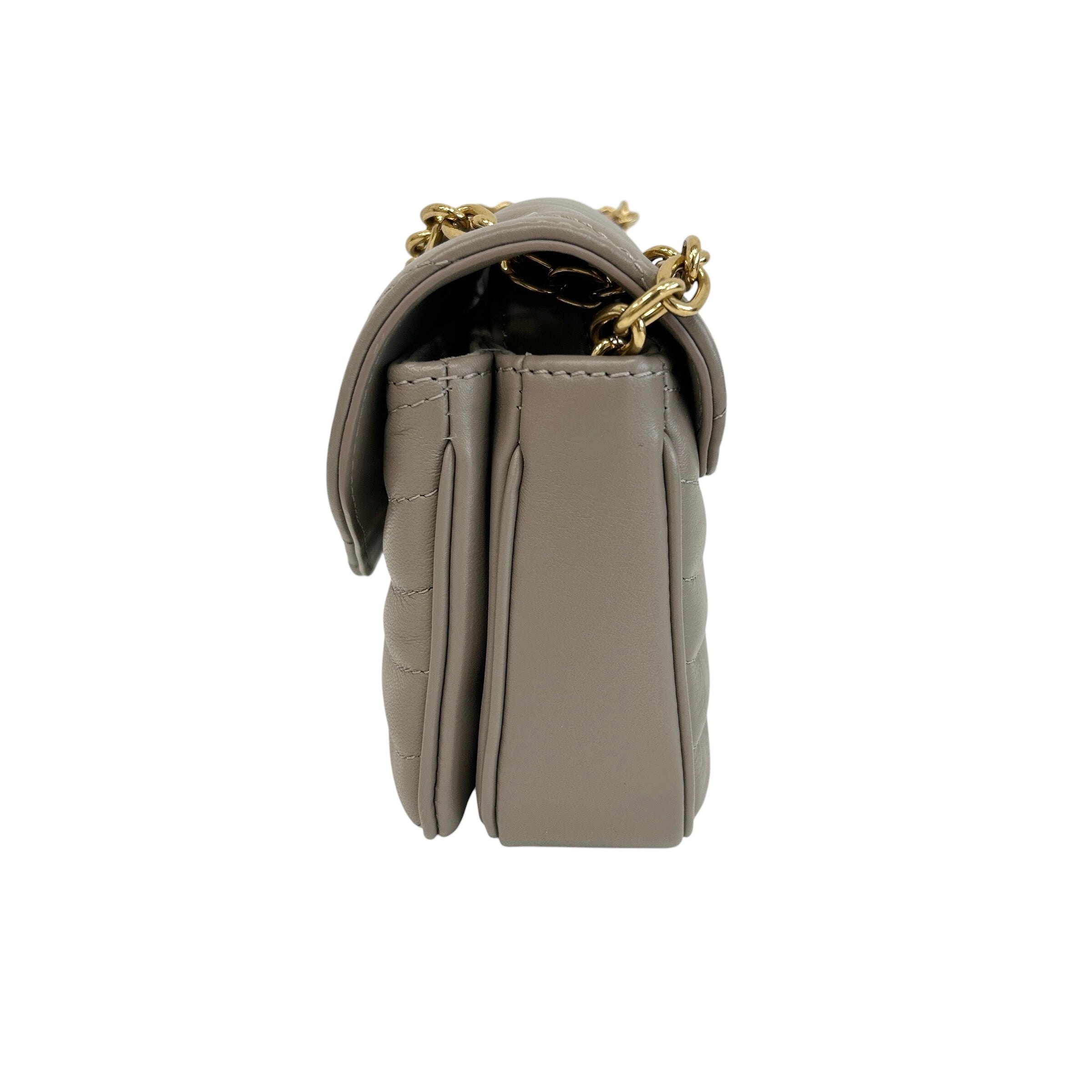 Taupe Quilted Calfskin Leather New Wave Chain PM Bag w/GHW - Haute Classics