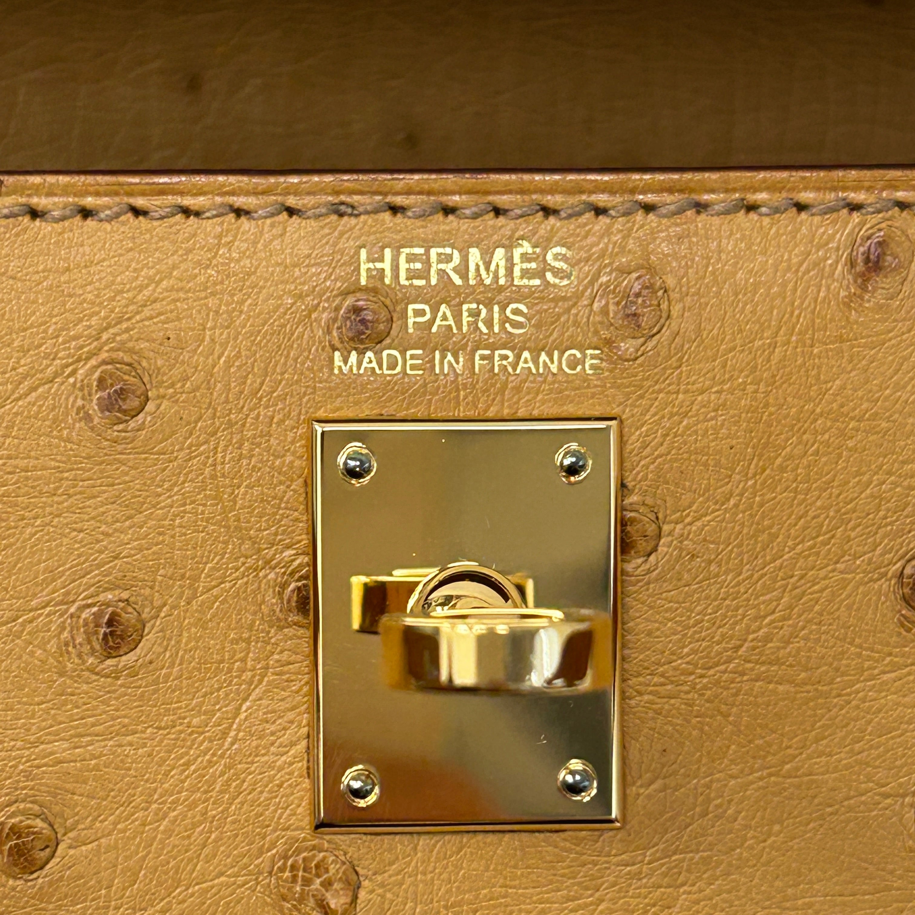Tabac-Camel Ostrich Leather Kelly Sellier 25 Bag w/GHW