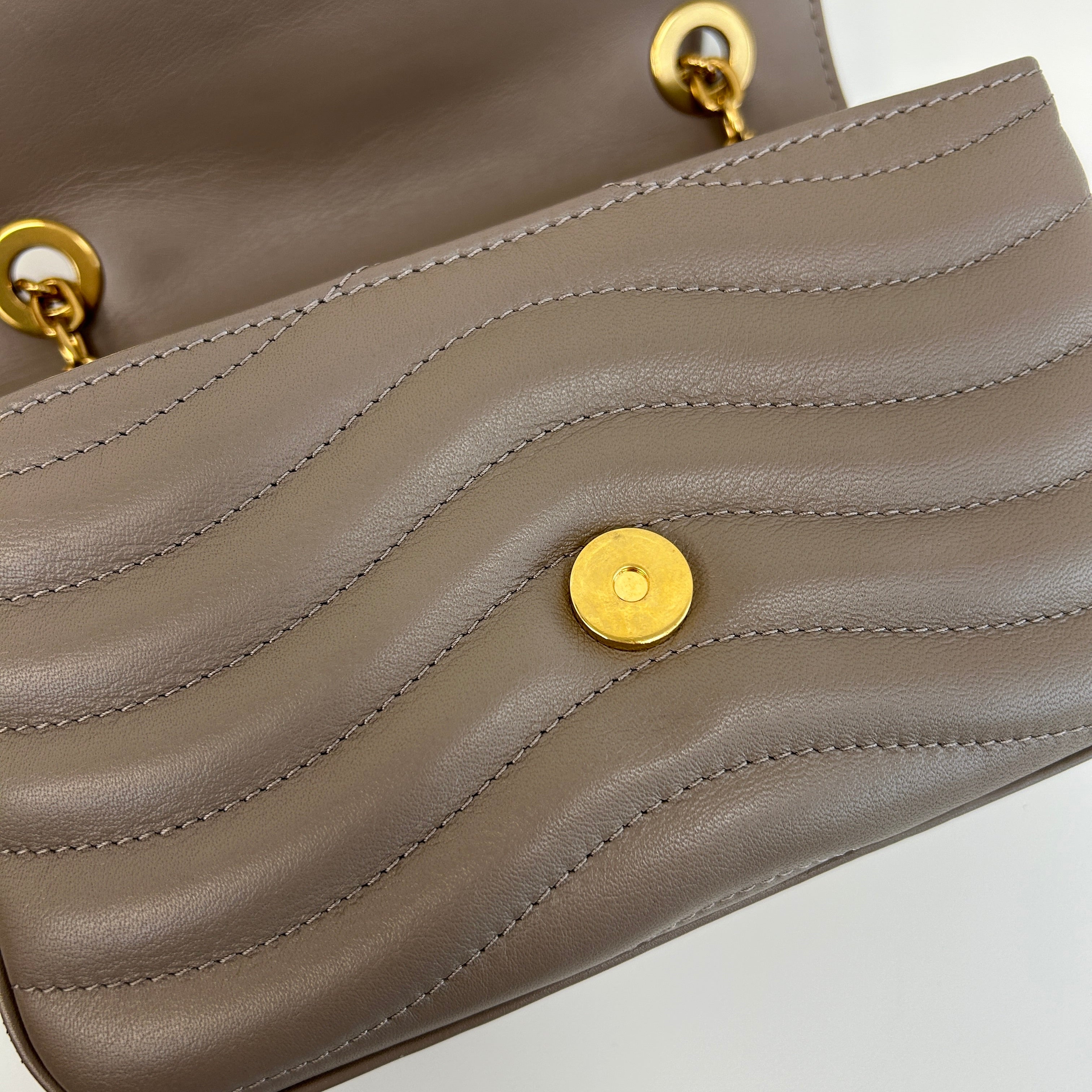 Taupe Quilted Calfskin Leather New Wave Chain PM Bag w/GHW - Haute Classics