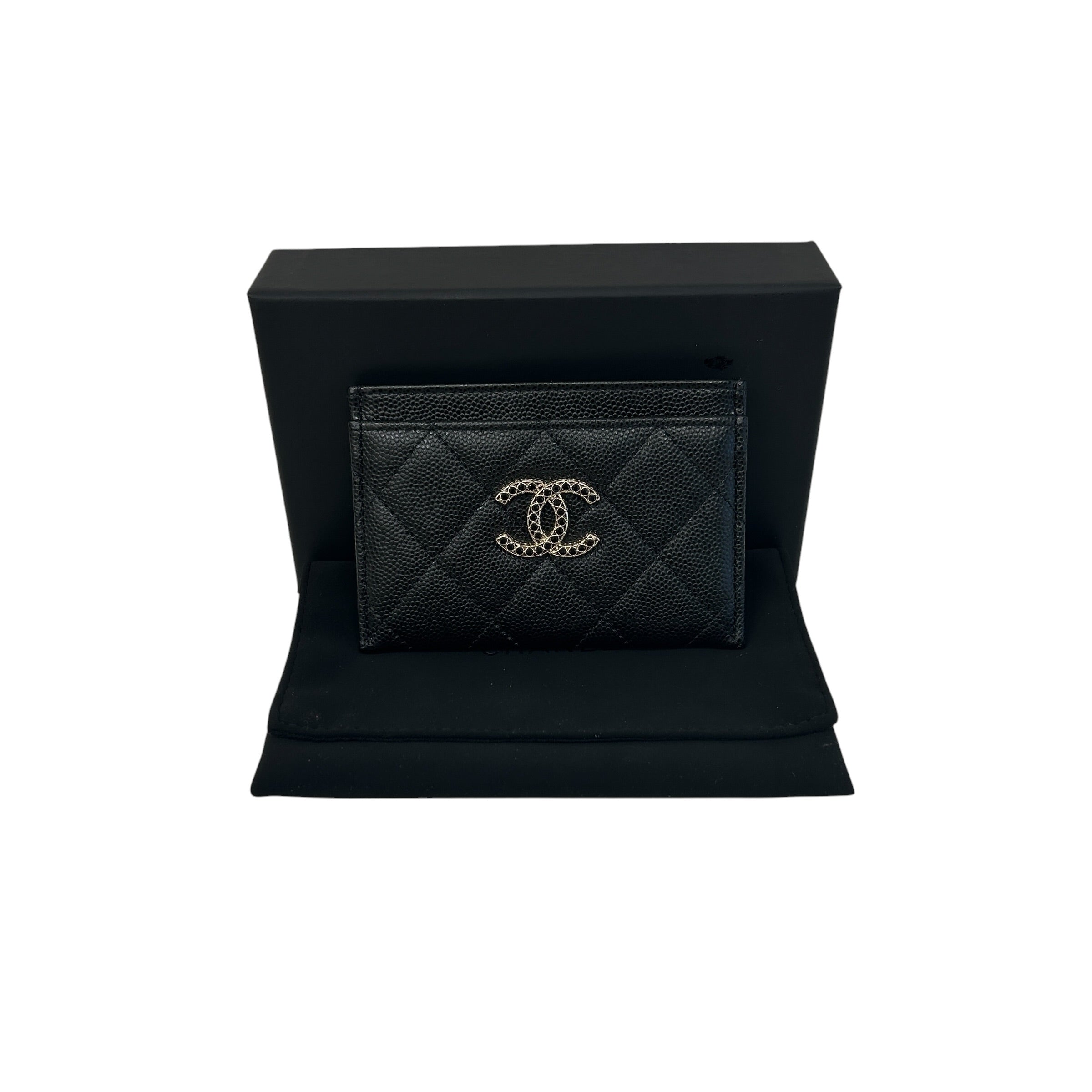 Black Caviar Quilted Card Holder w/Black Cystal CC - Haute Classics