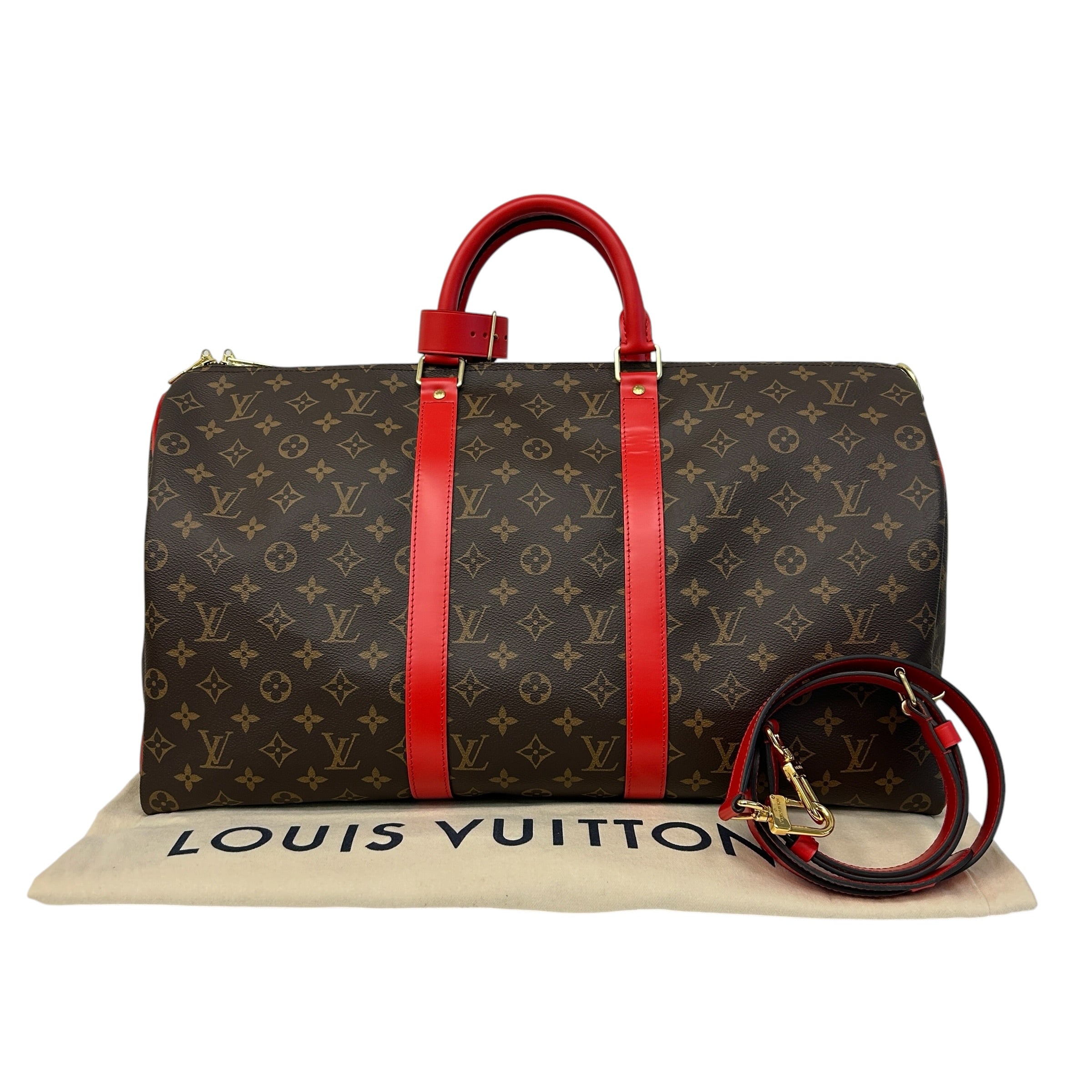 Monogram Canvas/Red Leather Keepall Bandouliere 50 Bag - Haute Classics