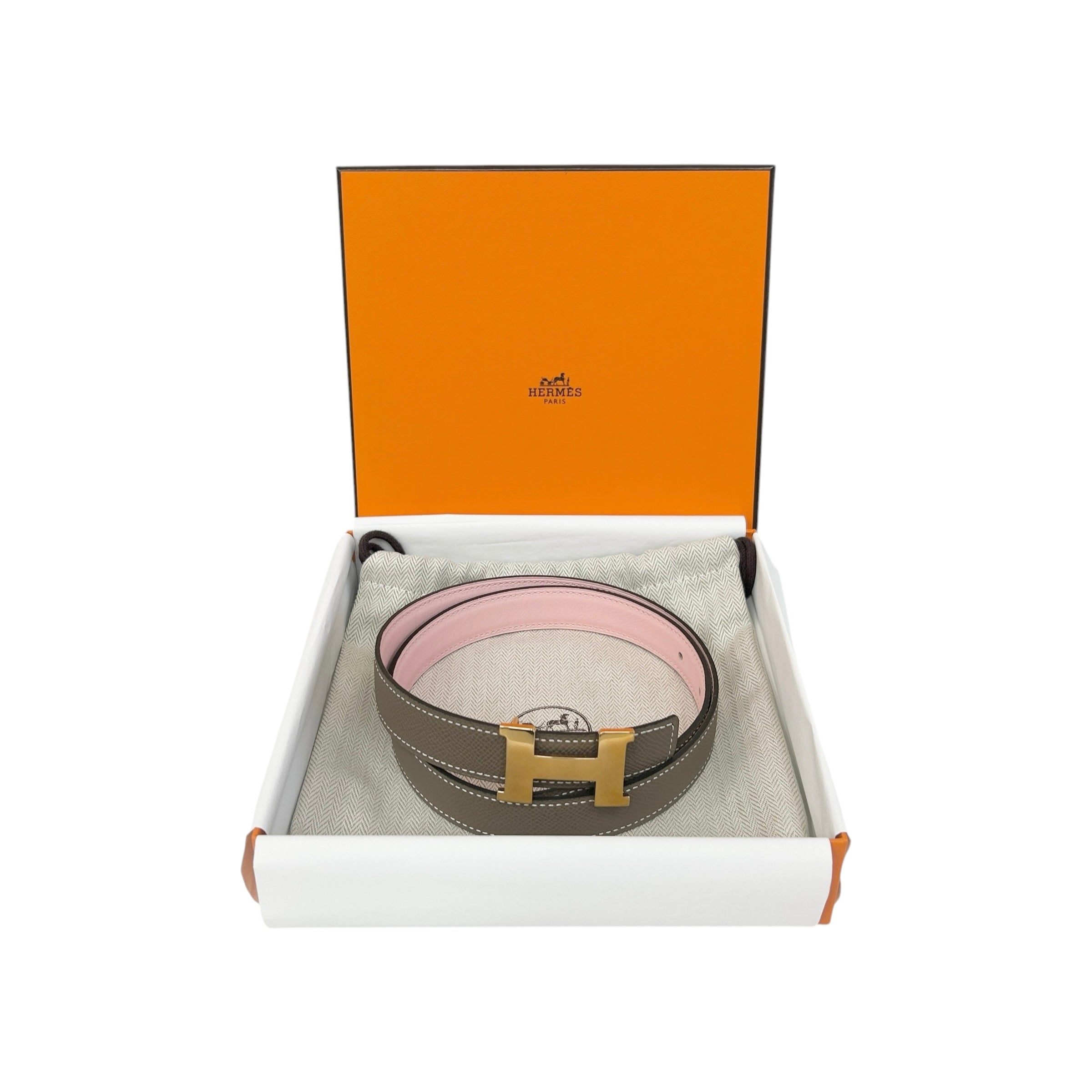 Rose Sakura Swift Leather/Etoupe Epsom Leather Reversible 24mm H Buckle Belt w/RGHW - Haute Classics