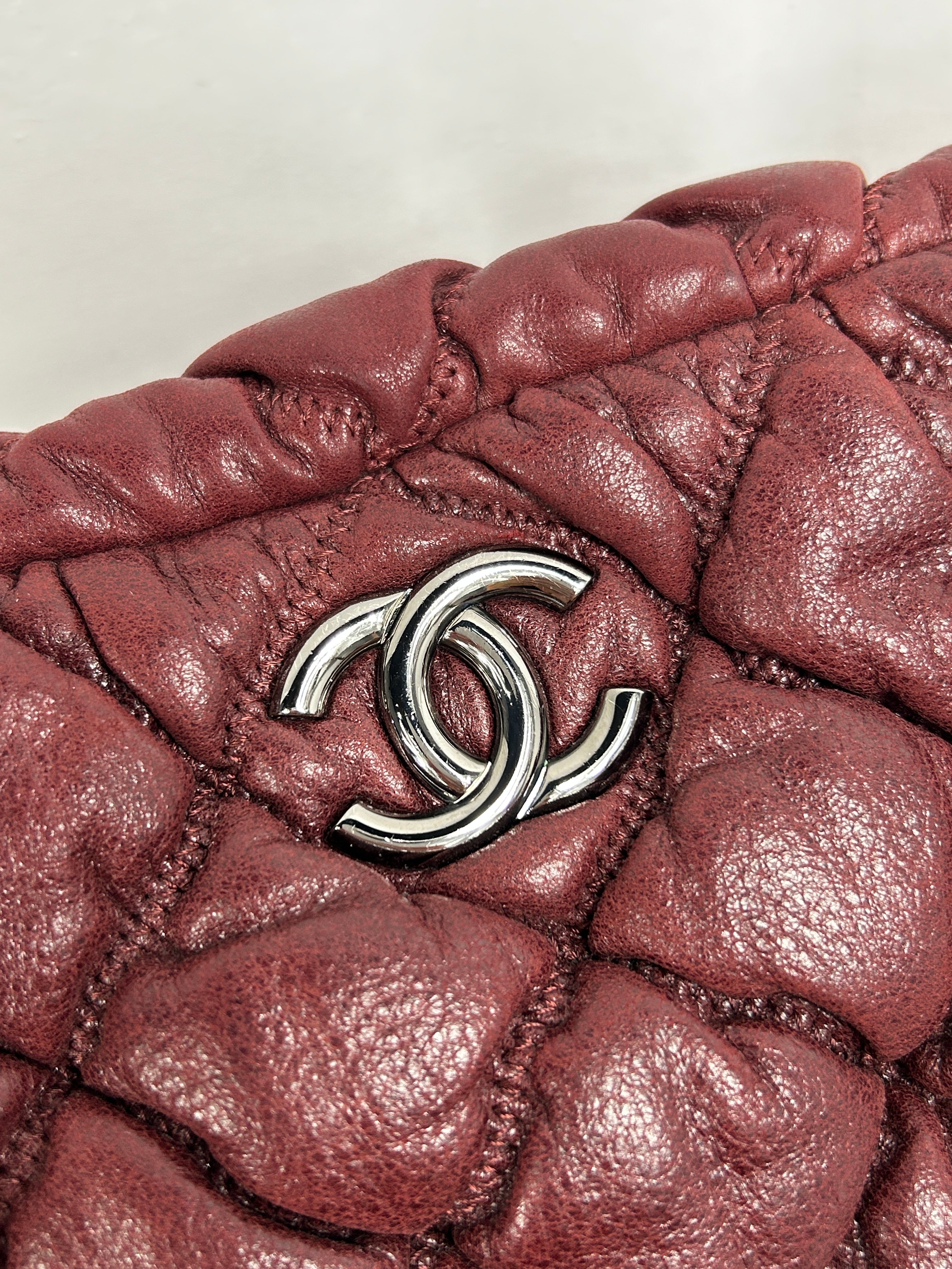 Burgundy Lambskin Leather Bubble Quilted Bowler Bag w/RHW
